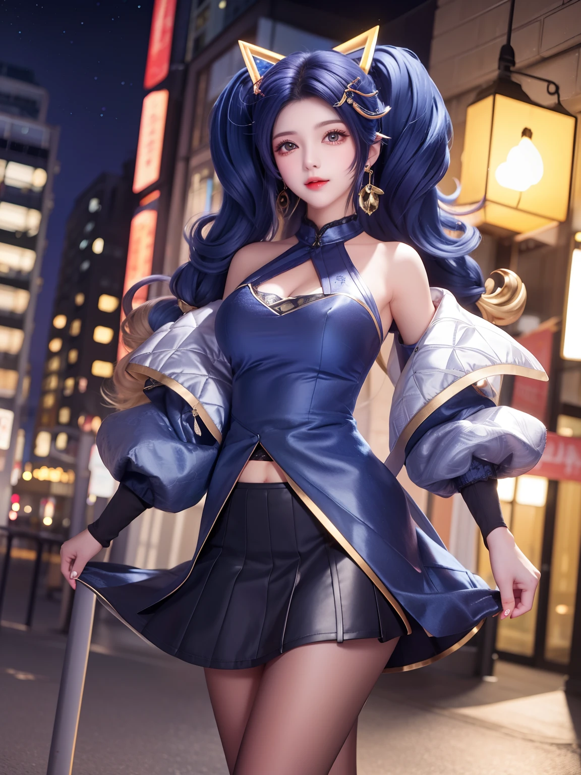 hair ornament,standing,cityscape,night,lake,mature female,looking at viewer,detached sleeves,skirt,navel,twintails,coat, hairclip, earrings,