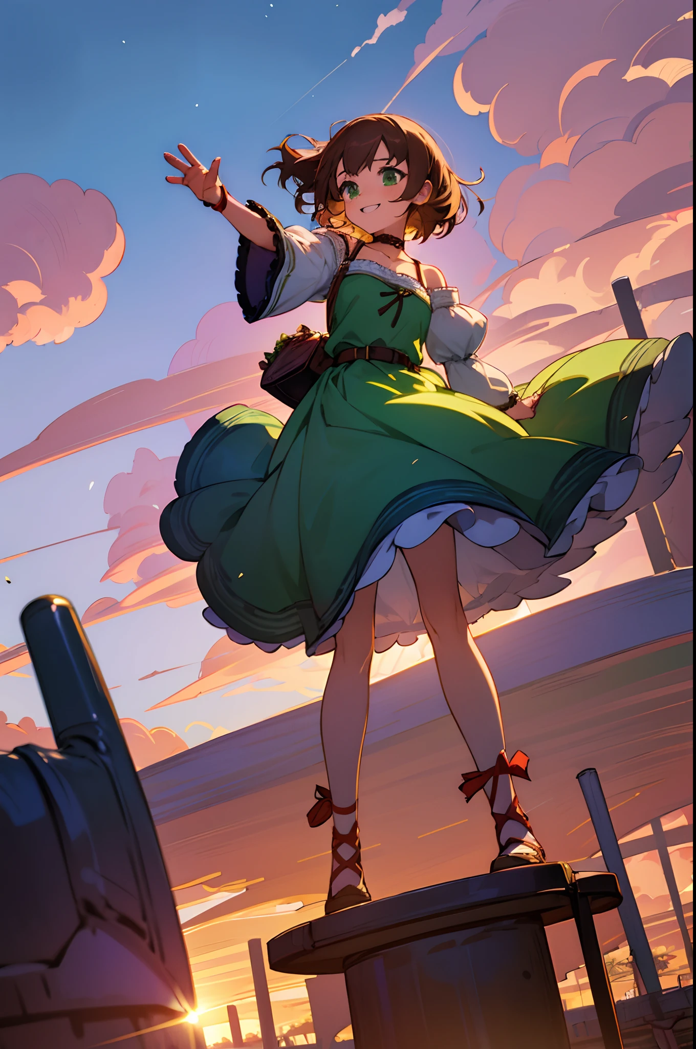 Sasanami Shoko, Valvrabe, 1 girl, Brown hair, Green eyes, Fantasy World, Ruins, Bang, Beautiful sky, shining sky, Sunshine, Smiling, Waving, Belt bag, wristbands, ribbon choker, Dresses that blow the wind, Lace dress, Asymmetrical dress, Off-shoulder sleeve