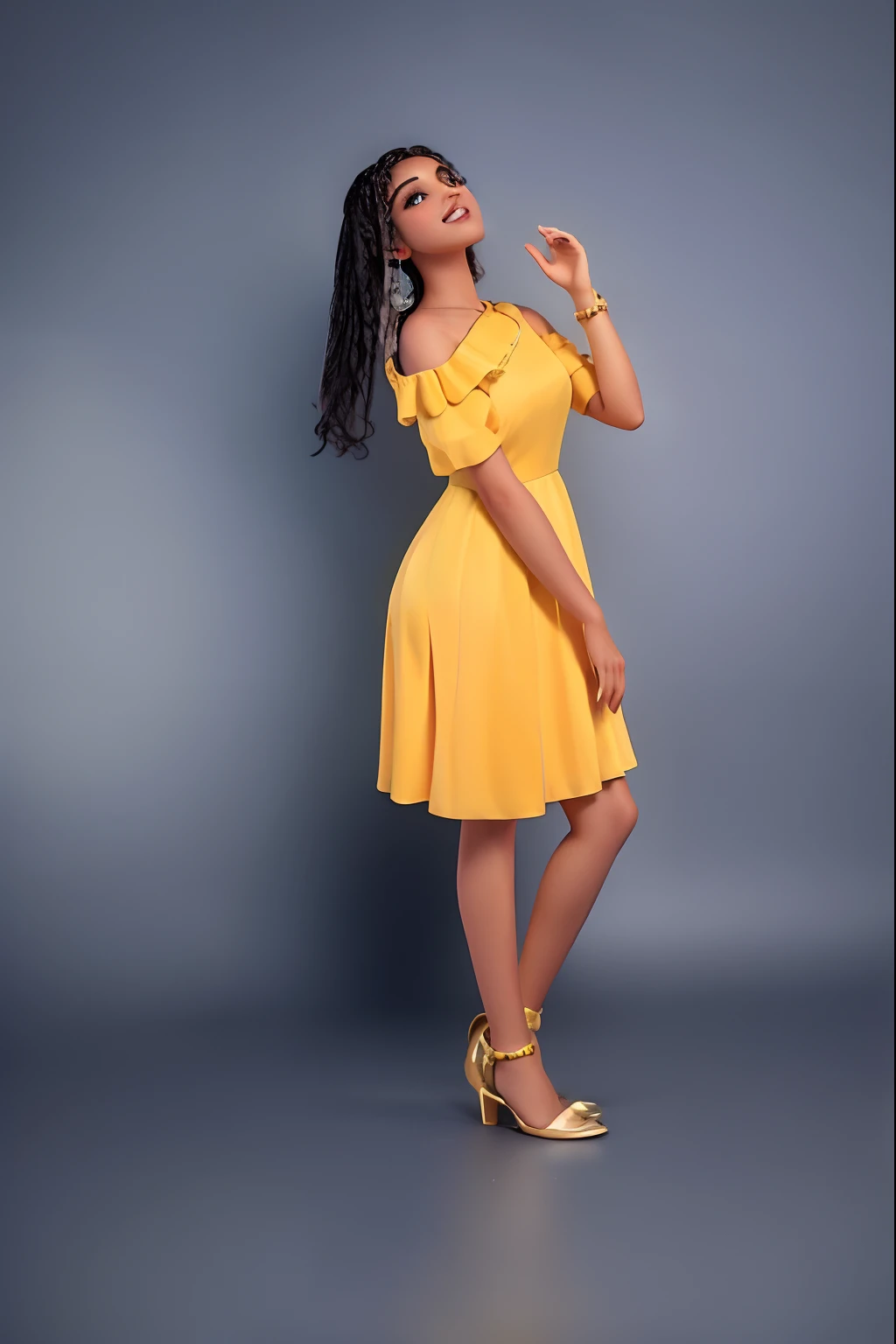 a woman in a yellow dress posing for a picture, wearing a yellow dress, lady using yellow dress, modeling shoot, modeling photography, vibrant hues, full body photoshoot, photoshoot, photo session, photo shoot, promotional photography, high - end fashion photoshoot, promotional photoshoot, side pose, yellow backdrop, glamour pose, high quality portrait photoshoot, shot in the photo studio