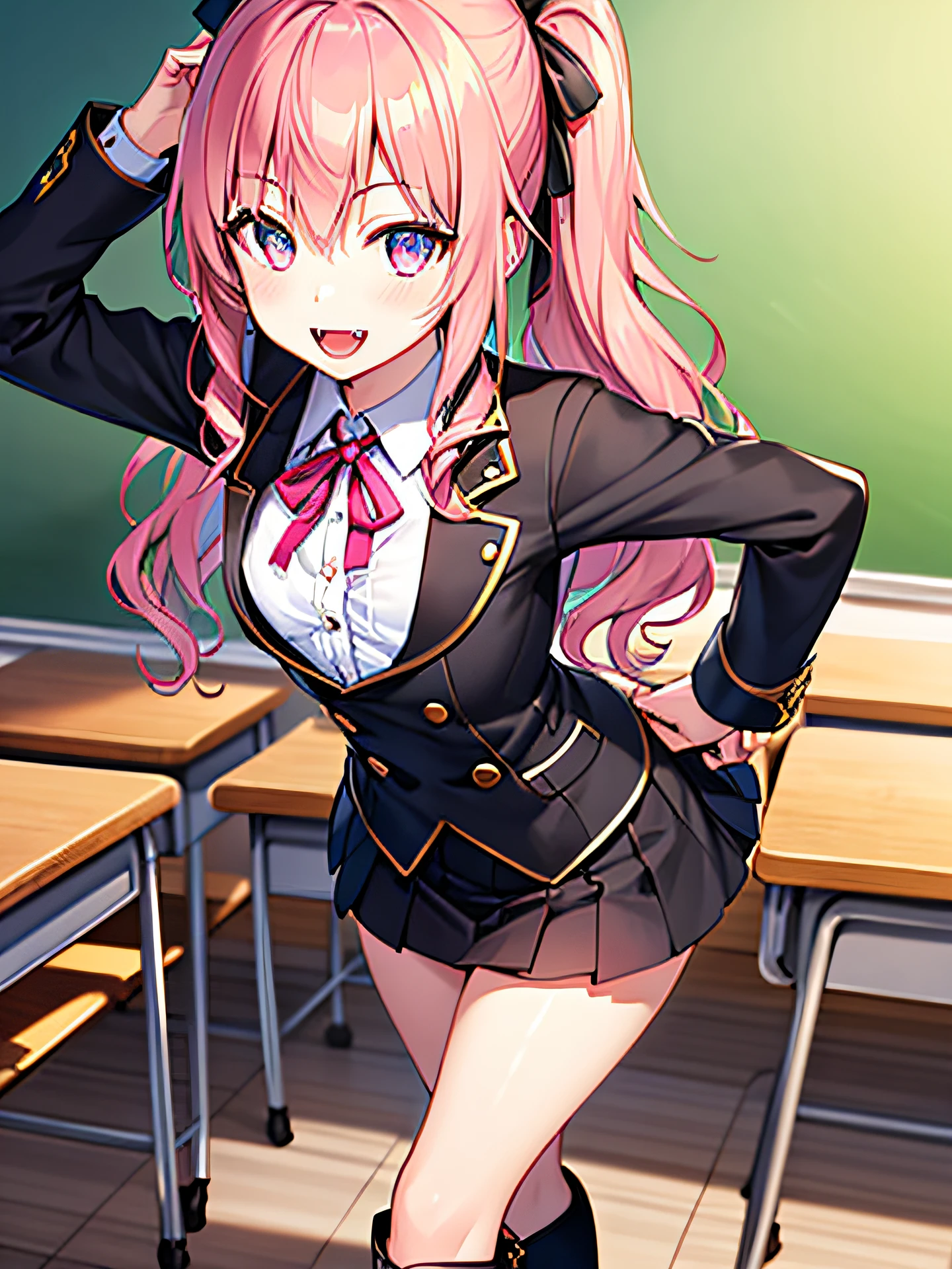 Highly detailed and realistic CG, Colorful, Masterpiece, Best Quality, magnificent, jewel-like eyes, 1girl, solo, ****, petite, cute girl, pink hair, wavy hair, gothic school uniform, black clothes, smile, standing, hand on hair, gothic ribbon, ribbon tie, classroom, small breasts, open mouth, fangs, miniskirt, gothic boots,