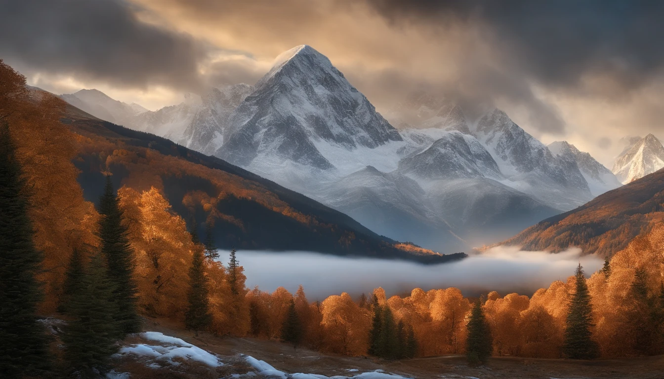 snow mountains,Rolling peaks,Oyuki,fall foliage,surrounded by cloud,Thick clouds,oc rendered,high qulity,tmasterpiece,Hyper-realistic,Ultra photo realsisim,8K,super-fine,ultra - detailed,Ultra-wide angle of view,dynamic viewing angle