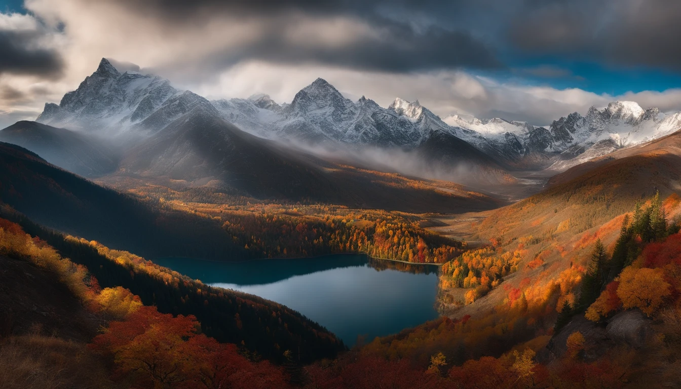 snow mountains,Rolling peaks,Oyuki,fall foliage,surrounded by cloud,Thick clouds,oc rendered,high qulity,tmasterpiece,Hyper-realistic,Ultra photo realsisim,8K,super-fine,ultra - detailed,Ultra-wide angle of view,dynamic viewing angle