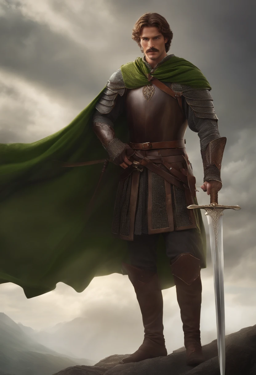 Tall man, Good physique, brown short hair, green colored eyes, royal mustache, Top Quality, two-handed sword, Medieval armor