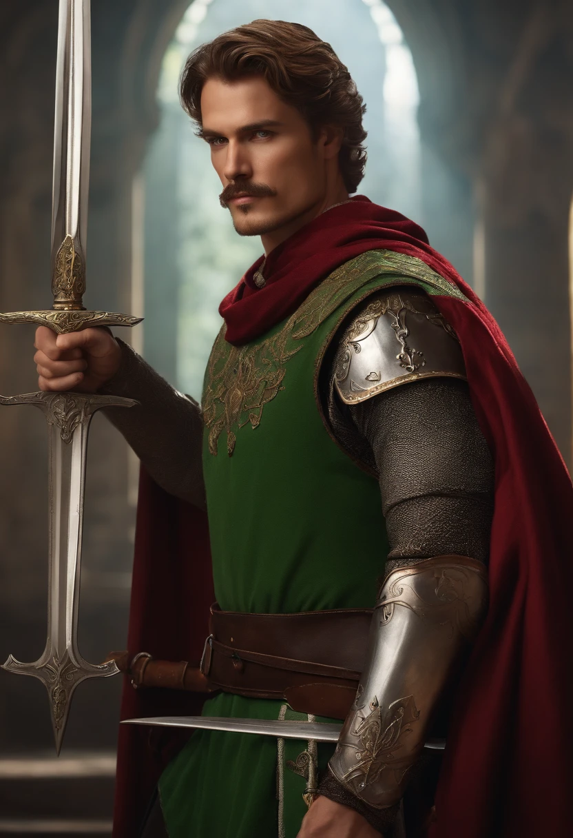 Tall man, Good physique, brown short hair, green colored eyes, royal mustache, Top Quality, two-handed sword, Medieval armor