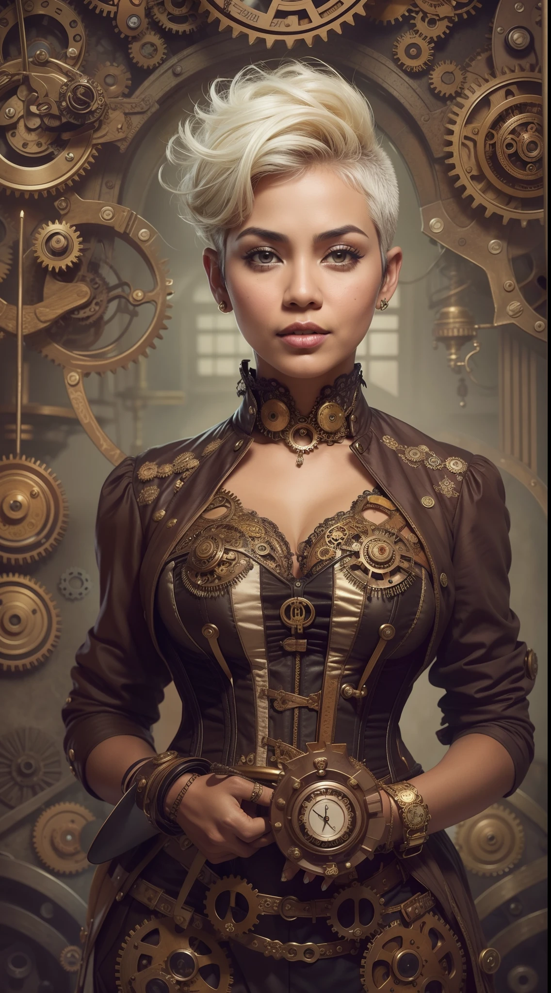 Design a steampunk-inspired portrait where the Malay woman wears a Victorian-era corset and gears-adorned attire, very short white pixie cut hair, surrounded by intricate steampunk machinery, symbolizing creativity and innovation