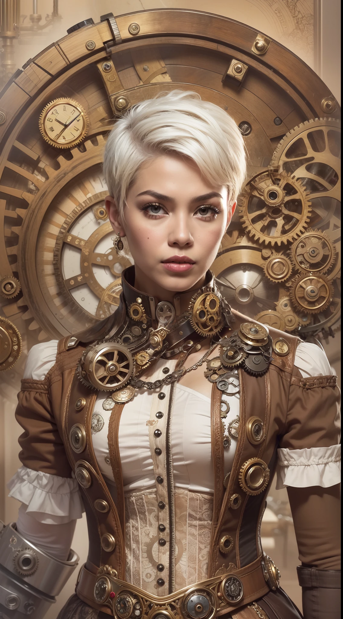 Design a steampunk-inspired portrait where the Malay woman wears a Victorian-era corset and gears-adorned attire, very short white pixie cut hair, surrounded by intricate steampunk machinery, symbolizing creativity and innovation