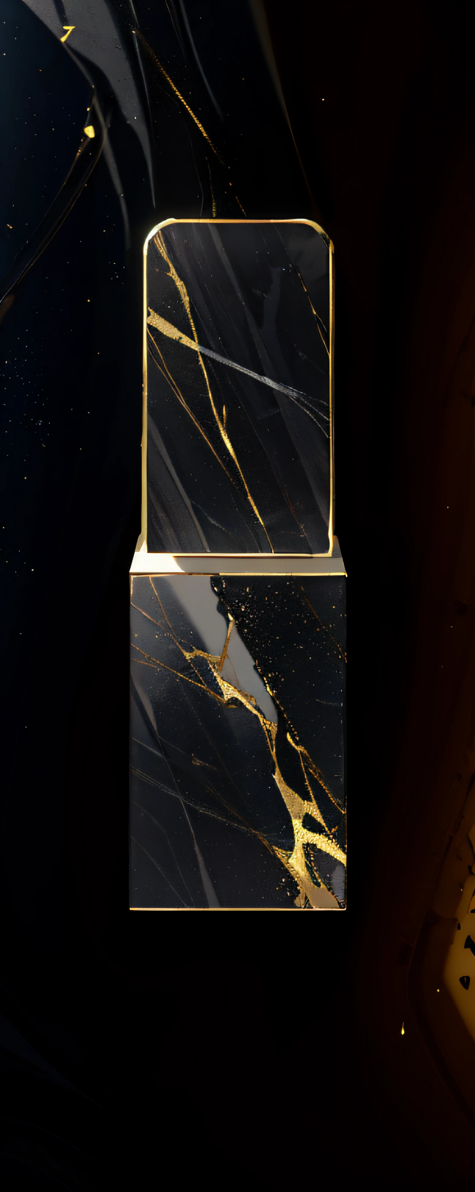 Close-up of black and gold marble countertop, black marble and gold, black marble, Ashford black marble, carved black marble, stone marble, made of liquid metal and marble, baroque marble and gold in space, black 3 d cuboid device, Close portrait, vanta black, high angle close up shot, The background is black, Ashford black marble sculpture
