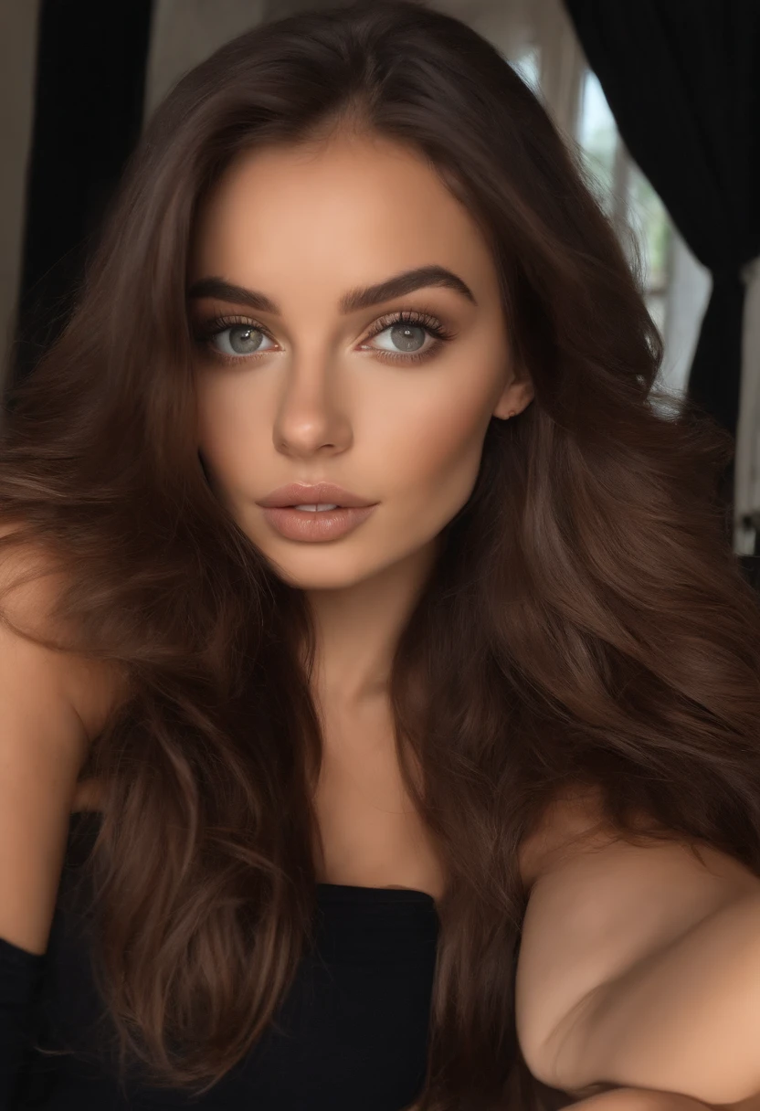 arafed woman in black bra, sexy girl with brown eyes, portrait of Sophie Mudd, brown hair and big eyes, young woman selfie, bedroom eyes, purple myers, no makeup, looking directly at the camera, face with artgram, subtle makeup, stunning full body shot, in the bedroom, and whole breasts are exposed and is slightly shown sitting in a cowgirl position