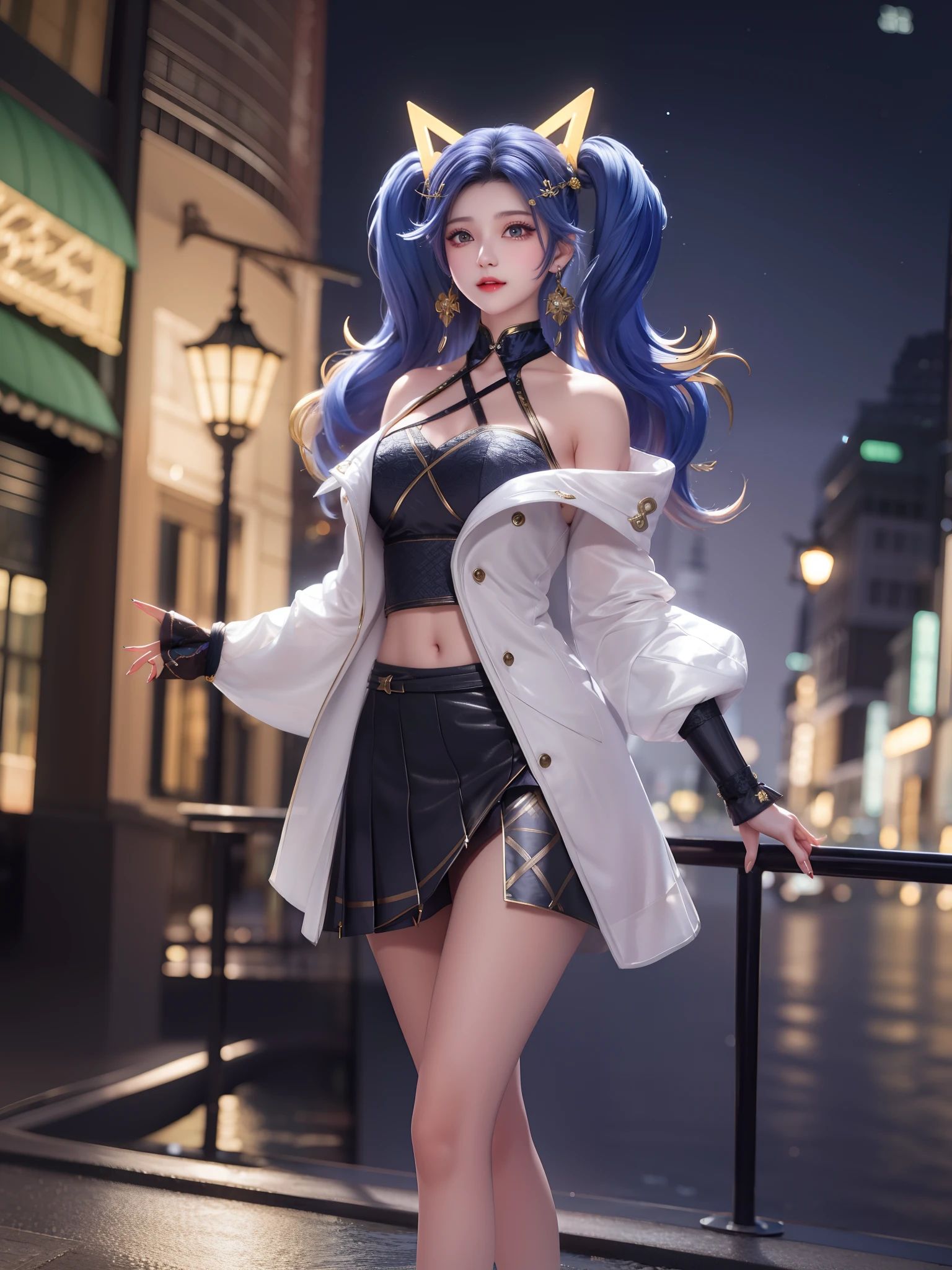 hair ornament,standing,cityscape,night,lake,mature female,looking at viewer,detached sleeves,skirt,navel,twintails,coat, hairclip, earrings,
