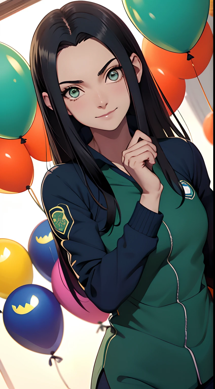 tmasterpiece, La mejor calidad en el mejor de los casos, 1girll, Nico Robin, senos grandes,Vestimenta fuera del hombro,(escote),(Primer plano de la parte superior del cuerpo),Criado sexy,is shy,smil,con cabello negro, Pelo largo blanquecino, (Globos oculares verdes:1.4), Los cerezos,Cerezos en flor volando,Ropa azul,Media cremallera