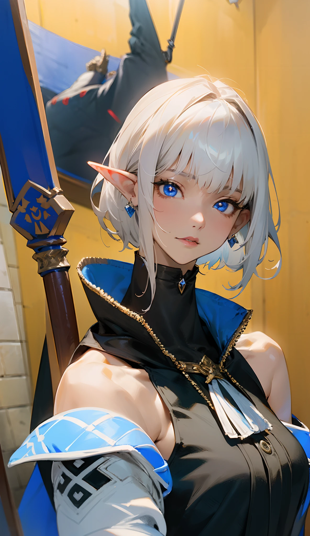 elf woman, 1girl, ((rock jacket)), black clothing, with black Cloak, royal blue tunic over plate armor, white hair, asymmetrical bangs, short hair, detailed eyes, beautiful, hyperdetailed face, witch symbols,insanley detailed face and eyes, Perfect lips, earring, glowing, choker,dress,detached sleeves,full body, rain, gloves, fantasy art, illustration, masterpiece, digital art, drawing, bare shoulders, fantasy painting by Yusuke Murata