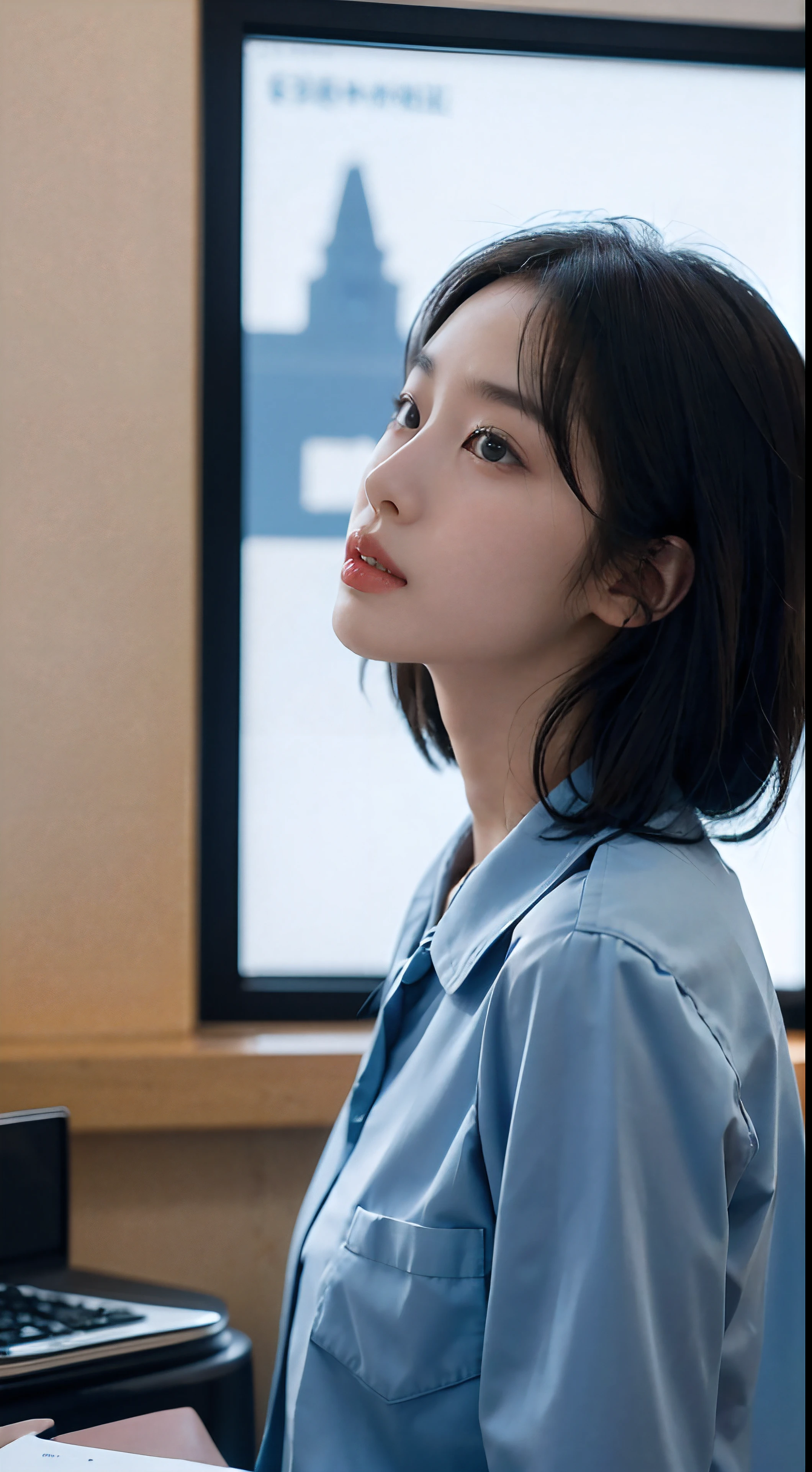 High-res, Realistic portrait of professional Chinese university campus lady with perfect skin，stand posture，Billiards looks up at the sky，full bodyesbian，Show confidence and maturity, Longing for freedom and beauty，Surrounded by the breath of a modern school， Vibrant and naturally lit highlights. The artwork should emphasize her elegant facial features, Including charming long eyes, Fluttering eyelashes and seductive lips. The scene should be enhanced with elements of professionalism and visual appeal，For example, Stylish work desk, Mainframe computers, High-resolution display, and complex stationery. The overall tone should be warm and professional, Has a soft and natural color palette. The artwork should exude a sense of professionalism, Success, and cultural pride，The background is blurred out（1.2），Wearing a summer blue school uniform，Sky blue，