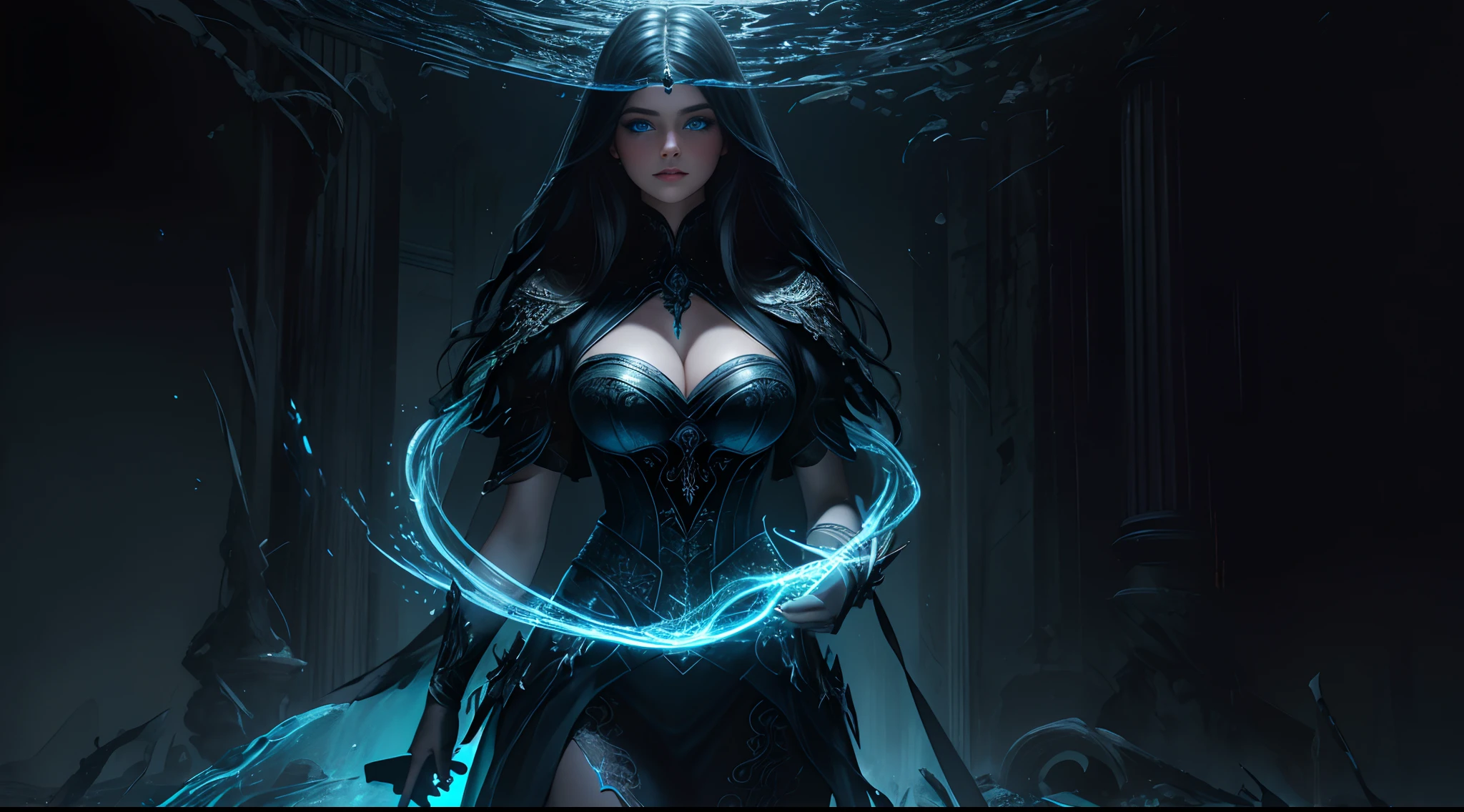 (photorealism, best quality, high details, high-resolution:1.2, masterpiece, 4K), (dark fantasy illustration:1.3), beautiful, woman, messy black hair, beautiful face, hourglass body, blue eyes, ((blue glowing eyes)), elegant, intricate , hourglass figure, (finely detailed beautiful eyes: 1.2), ((huge breasts)), perfect body, looking at viewer, enchanting gaze, 1girl, full body portrait, cinematic lighting, darkness, dark scene, ((dim light)), mute lighting, super detailed, ultrarealistic, digital photography