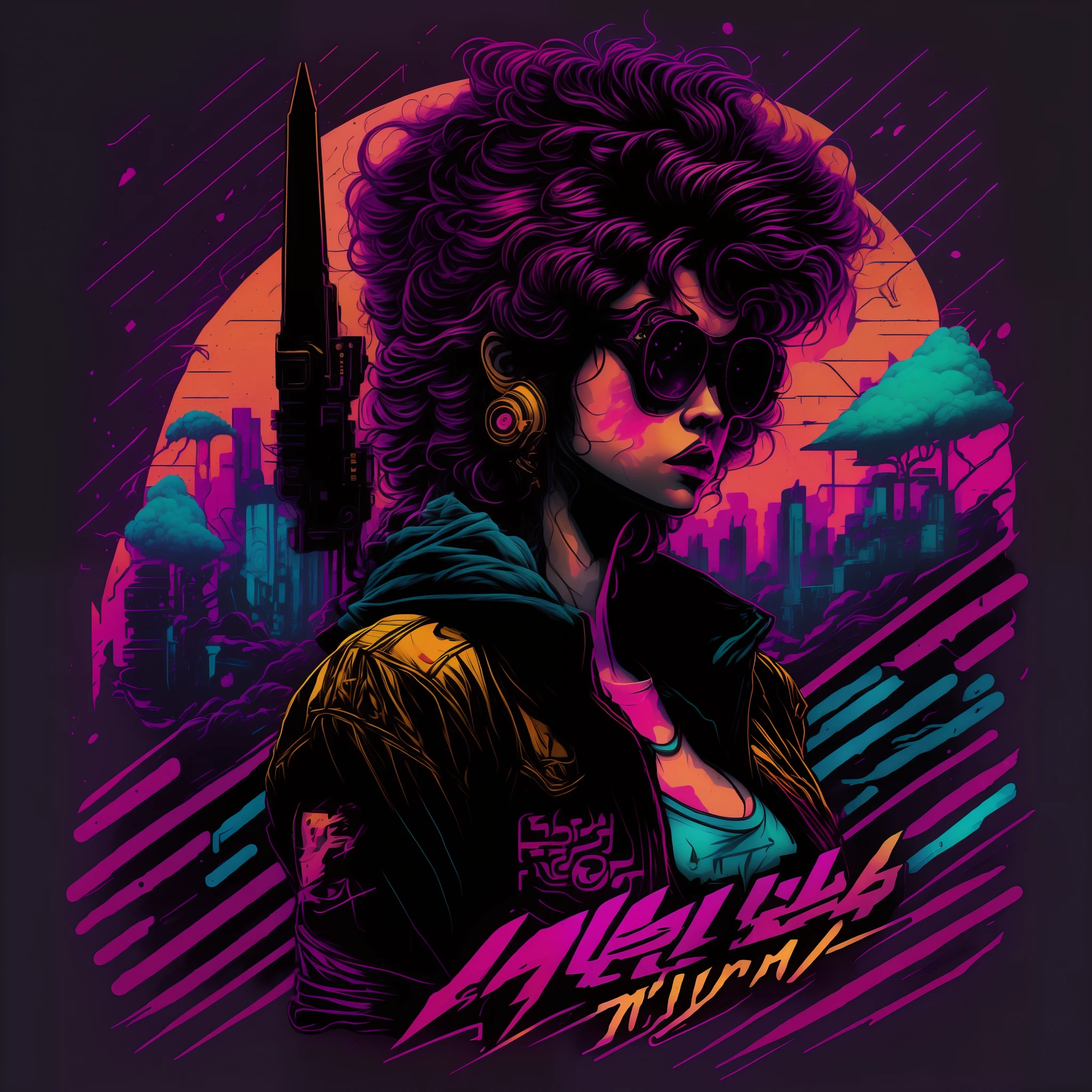 retrowave maya design de personagem, adesivo, tiro de corpo inteiro, estilo Trigger Studio, quadrinhos, mulher punk, tinta, arte graffiti, graphic, cores neon, Golden proportion composition, design para tshirt