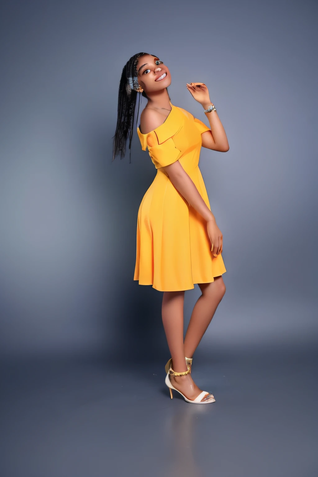 a woman in a yellow dress posing for a picture, wearing a yellow dress, lady using yellow dress, modeling shoot, modeling photography, vibrant hues, full body photoshoot, photoshoot, photo session, photo shoot, promotional photography, high - end fashion photoshoot, promotional photoshoot, side pose, yellow backdrop, glamour pose, high quality portrait photoshoot, shot in the photo studio