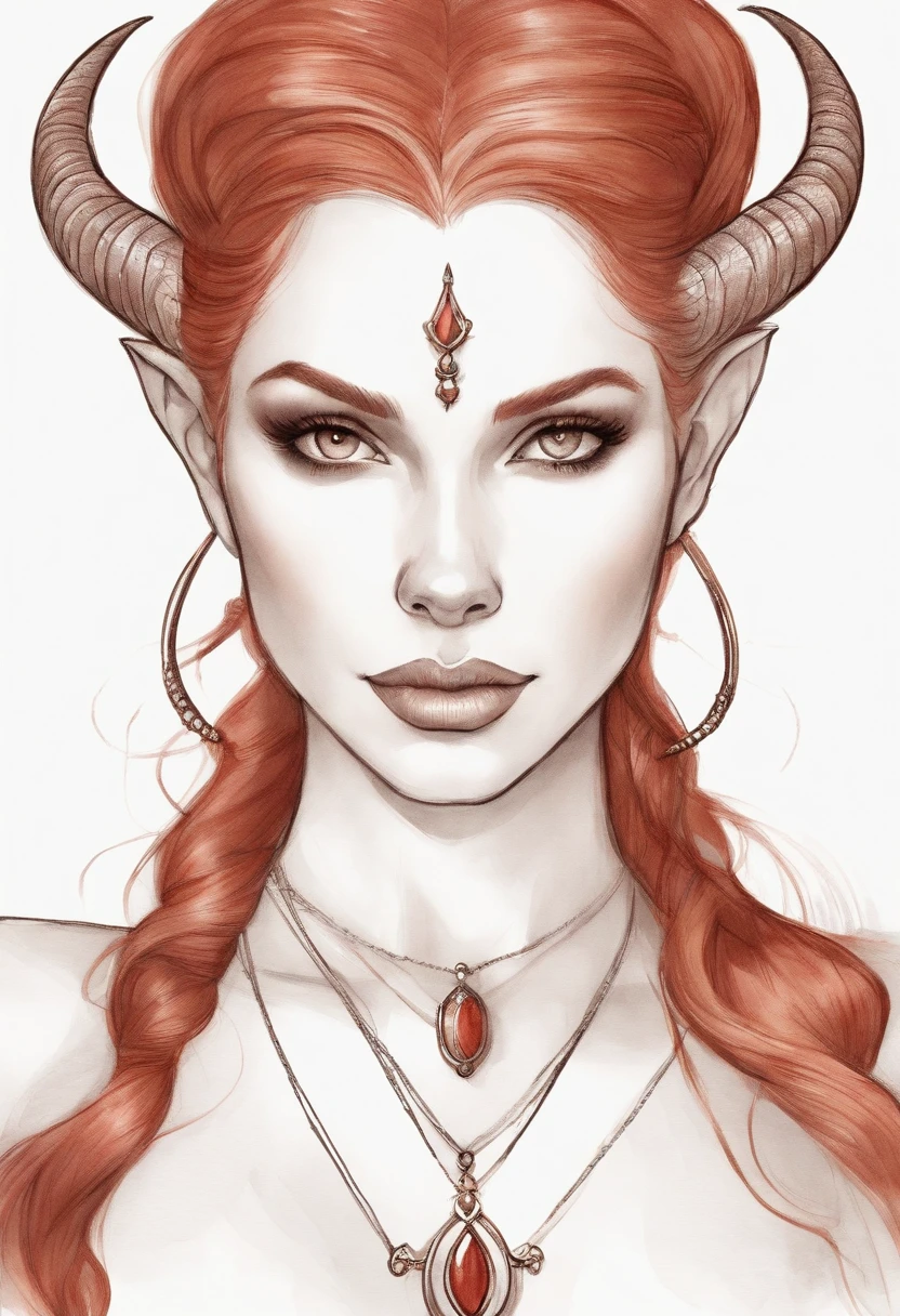 Hand-drawn sketch illustration of a beautiful red hair tiefling, cabelo curto, cabelo liso, cabelo com presilhas, cabelo com franja na frente dos olhos, tatuagem,olhos azuis, symmetrical dragon horns,detalhes em dourado na roupa, illustration, watercolor sketch, (melhor qualidade)), detalhado intrincado,