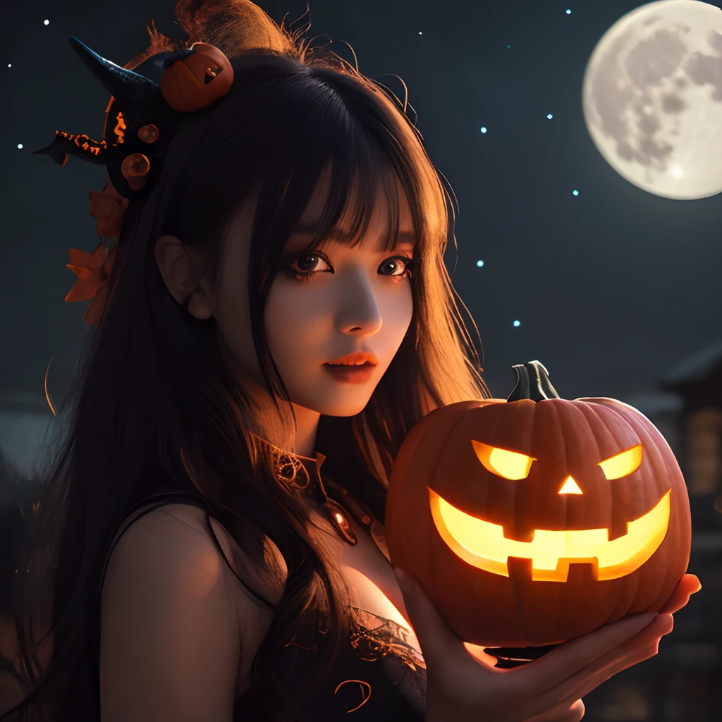 masterpiece, best quality, extremely detailed cg unity 8k wallpaper, high-quality, ultra-detailed, depth of field,beautiful detailed skin, beautiful detailed body,beautiful detailed eyes, beautiful detailed face,1 demon women,perfect detailed costume,Halloween,pumpkin,large full moon in the background,night sky,star in the sky,Jack-o'-lantern,