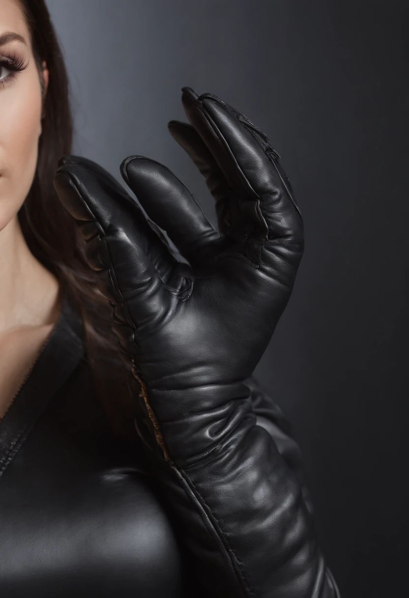Usar guantes de cuero negro en ambas manos Parte superior del cuerpo Chaqueta de jinete de cuero negro Collar Frente al escritorio en el estudio moderno en la oscuridad, Mirando hacia abajo y sonriendo, Nico Robin, cabello negro largo y lacio Joven japonesa (Guantes de cuero negro cubren ambas manos) Sentado en una silla con los dedos de guantes de cuero negro y trabajando en la computadora