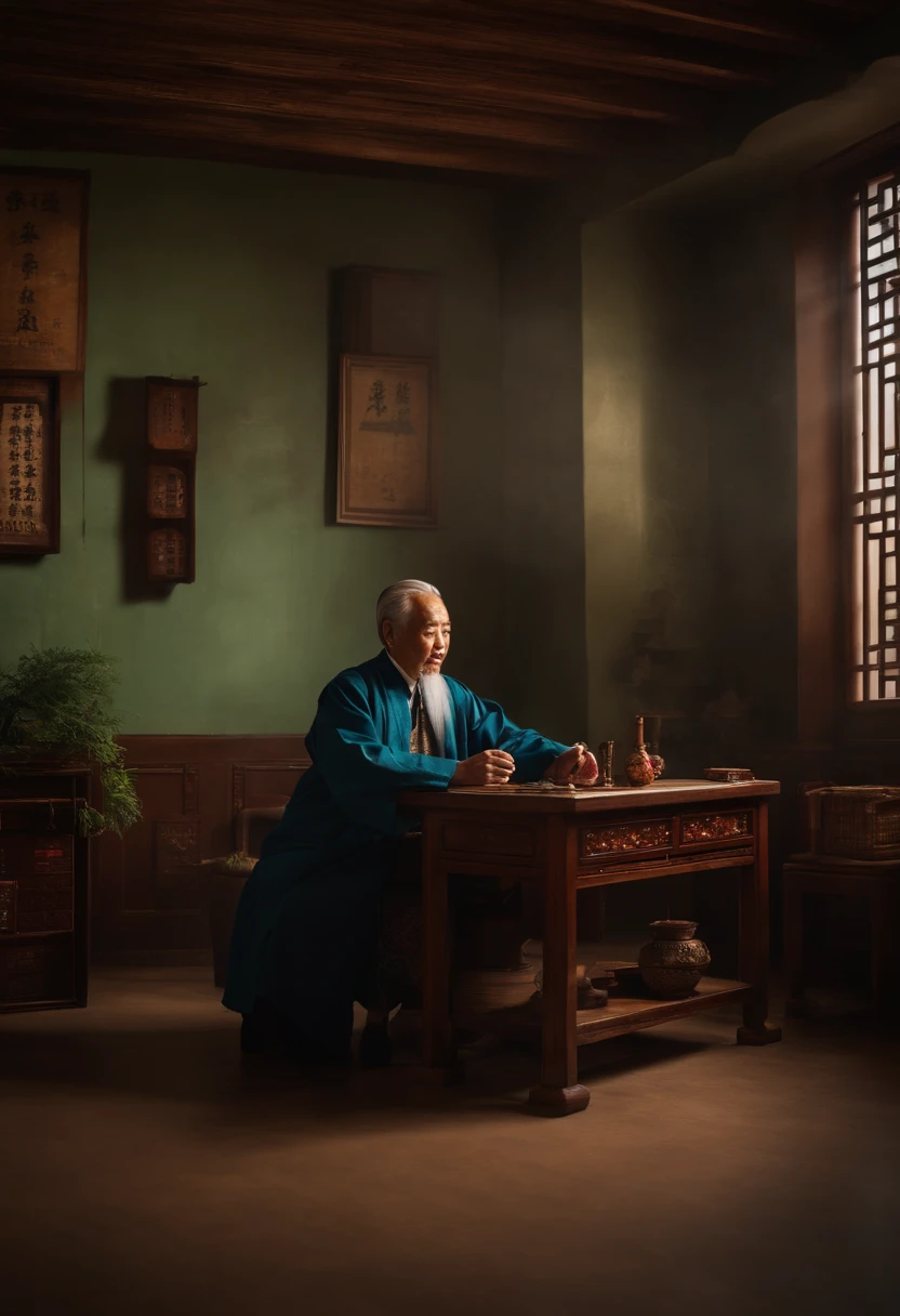 The old Chinese medicine doctor sat at the table in the medical hall