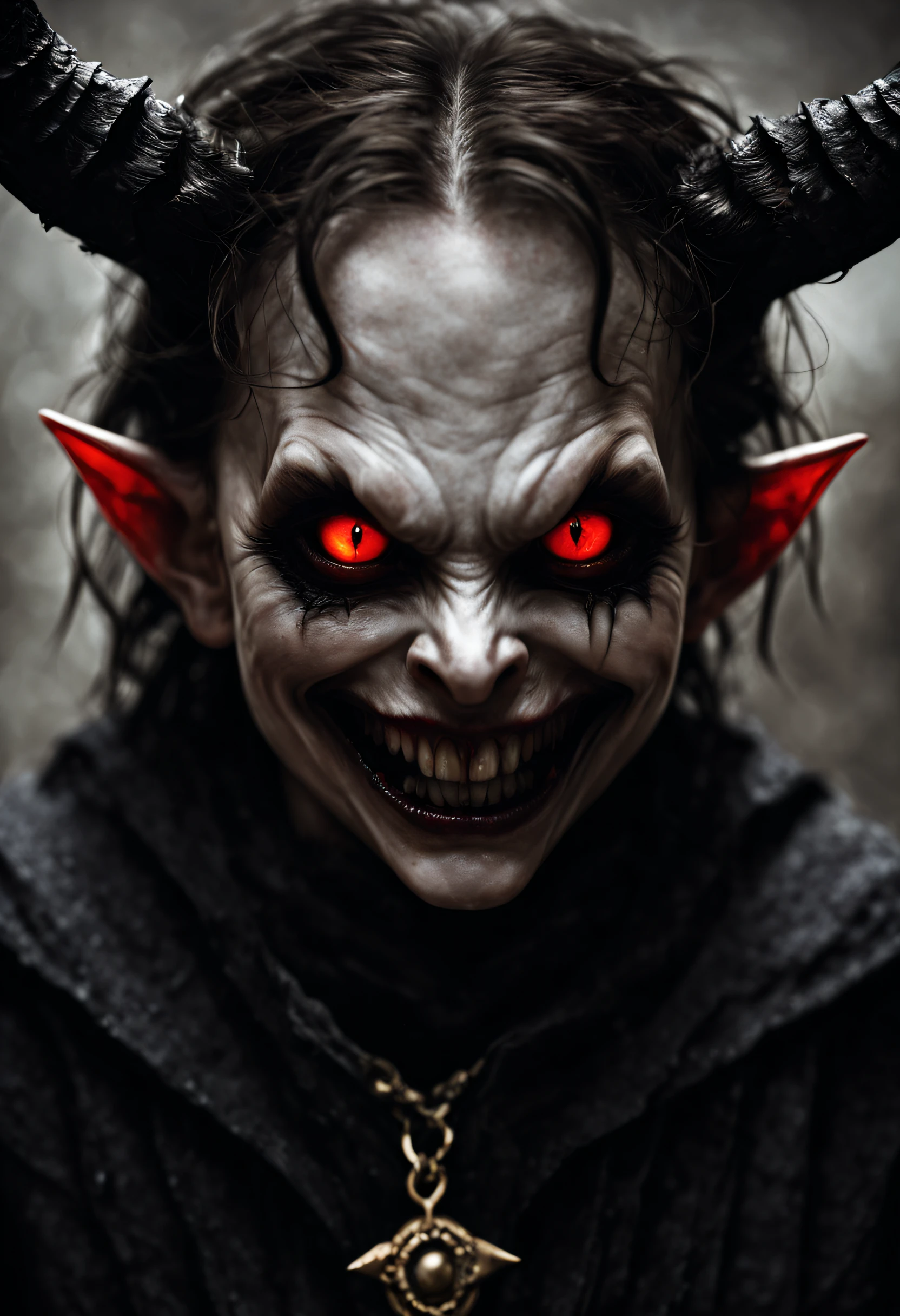 A demon ,creepy and eerie,evil eyes,sharp fangs,sinister smile,dark aura,black horns,spiked tail,glowing red eyes,pale skin,shadowy figure,menacing presence,ominous atmosphere,demonic powers,dark magic,gloomy background,ominous shadows,supernatural abilities,hauntingly beautiful,piercing gaze,devilish grin,sinister aura,dark and twisted,nightmare fuel,creeping darkness,suspenseful ambiance,macabre energy,wickedly mischievous,unholy presence,twisted horns,diabolical expression,blood-red eyes,sinister secrets,demonic artwork,dark enchantment,evil incarnate,cursed child,malevolent charm,horror personified,beware of the demon child.
(best quality,4k,8k,highres,masterpiece:1.2),ultra-detailed,(realistic,photorealistic,photo-realistic:1.37),HDR,UHD,studio lighting,ultra-fine painting,sharp focus,physically-based rendering,extreme detail description,professional,vivid colors,bokeh,portraits,horror,dark contrast,bold colors,mysterious lighting.