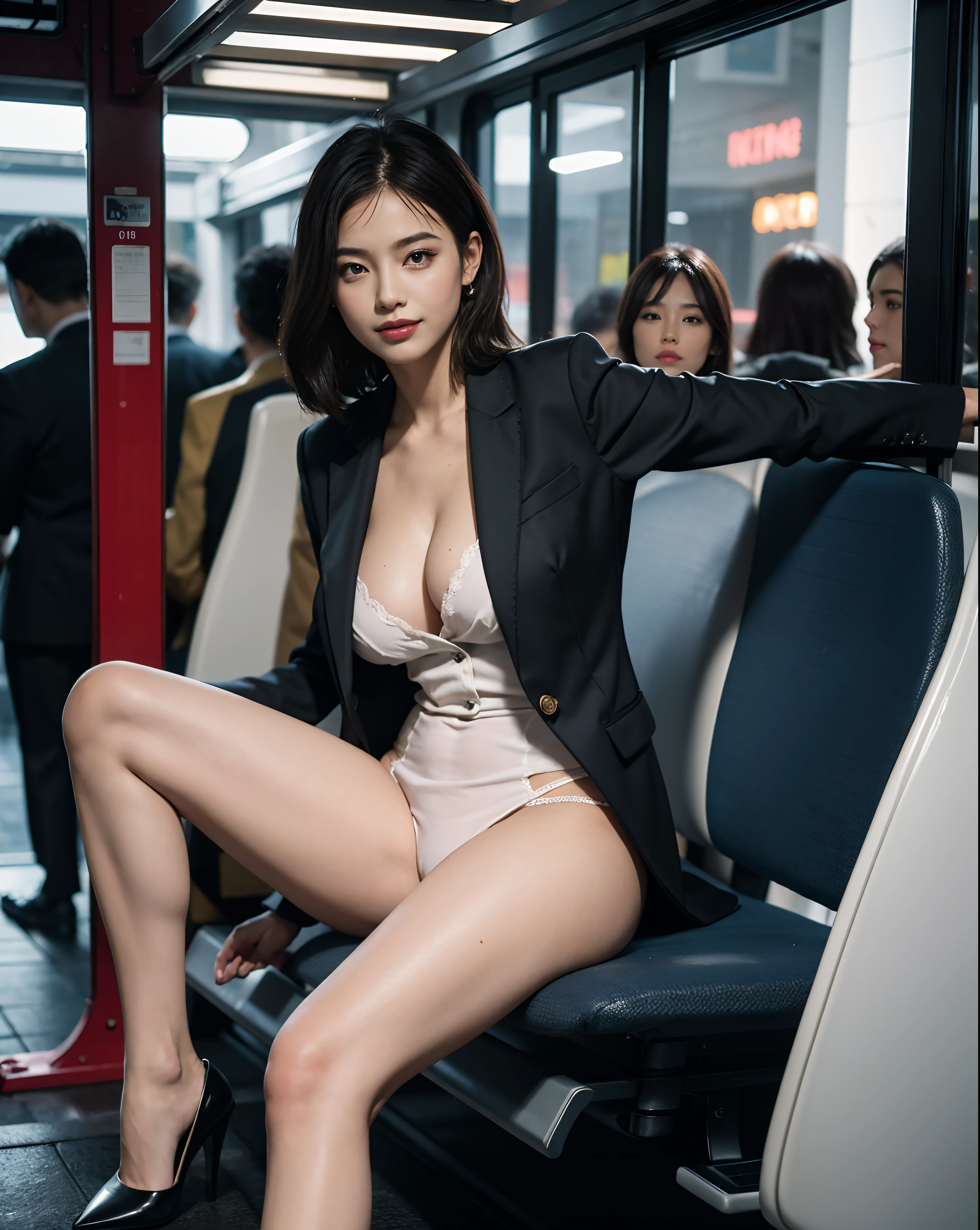 1girl, show fancy panties, focused crotch,[shiny skin], 30yo, full body, Inside　dark train,  (best quality real texture skin, best quality, masterpiece, ultra high res, ultra detailed, photorealistic),  sitting, spread legs wide, arms behind body, smile, business suits and Plain skirts, collared shirt, breast cleavage, high heels, business shoulder bag