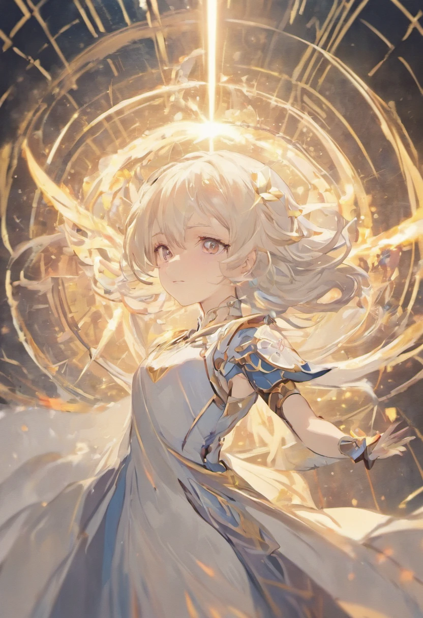 femele,The general is one meter and seven meters tall,Capable short white hair,Strong and sturdy body,Dressed in armor,holding a longsword,The appearance is dignified and majestic,Half-body diagram