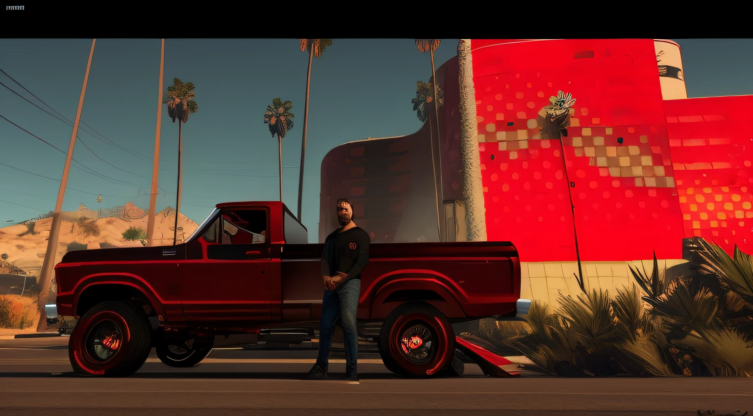 arafed red and black truck with a man standing in front of it, gta5 style, style of gta v artworks, gta 6 style, style of gta v, standing in front of lowrider, gta v style, gta artstyle, gta art style, gta art, gta 5 skin tone, highly detailed hyper real retro, new vehicle, gta style