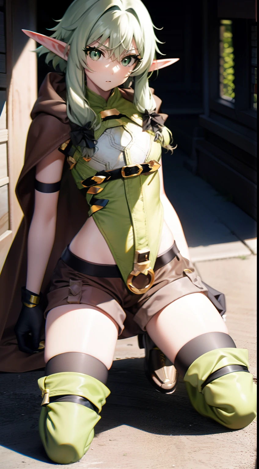 Fantasy Anime, Hayelfarherr, High Elf Archer, elf, (Green eyes:1.5), green hair, Hair between the eyes, hairlong, pointed ears, side locks, (flat chest:1.2), Asymmetrical Clothing BREAK, knee boots, cloak, elf, gloves, Green thighs, highheels, Shorts, thights, thights, BREAK looks at the viewer, CITY BREAK, BREAK (Masterpiece:1.2), Best Quality, High Resolution, Unity 8k壁纸, (illustartion:0.8), (beautiful detail eyes:1.6), extremely detailed face, perfect  lighting, extremely detailed CGI, (perfect arms, perfect anatomy),