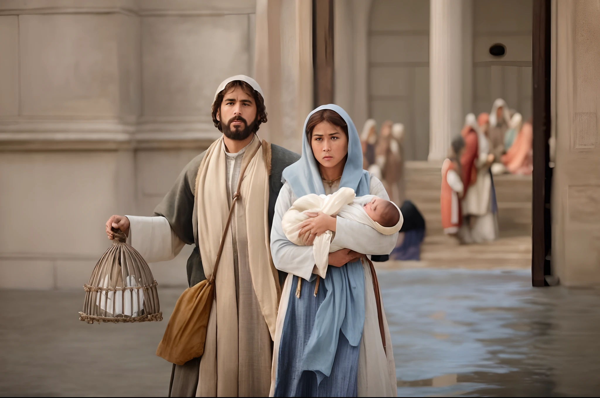 arafed image of a man and woman holding a , holy themed, very realistic film still, scene from live action movie, with infant jesus, still from a live action movie, the most beautiful scene, holy, beautiful scene, from a movie scene, biblical clothing, jayson tatum as mother mary, incredibly beautiful, scene from the film, promo still,very beautiful digital art,8k , ultra hd, hyper detailed, clear face detail, best quality, clear gestures, baby jesus, virgin marry, joseph