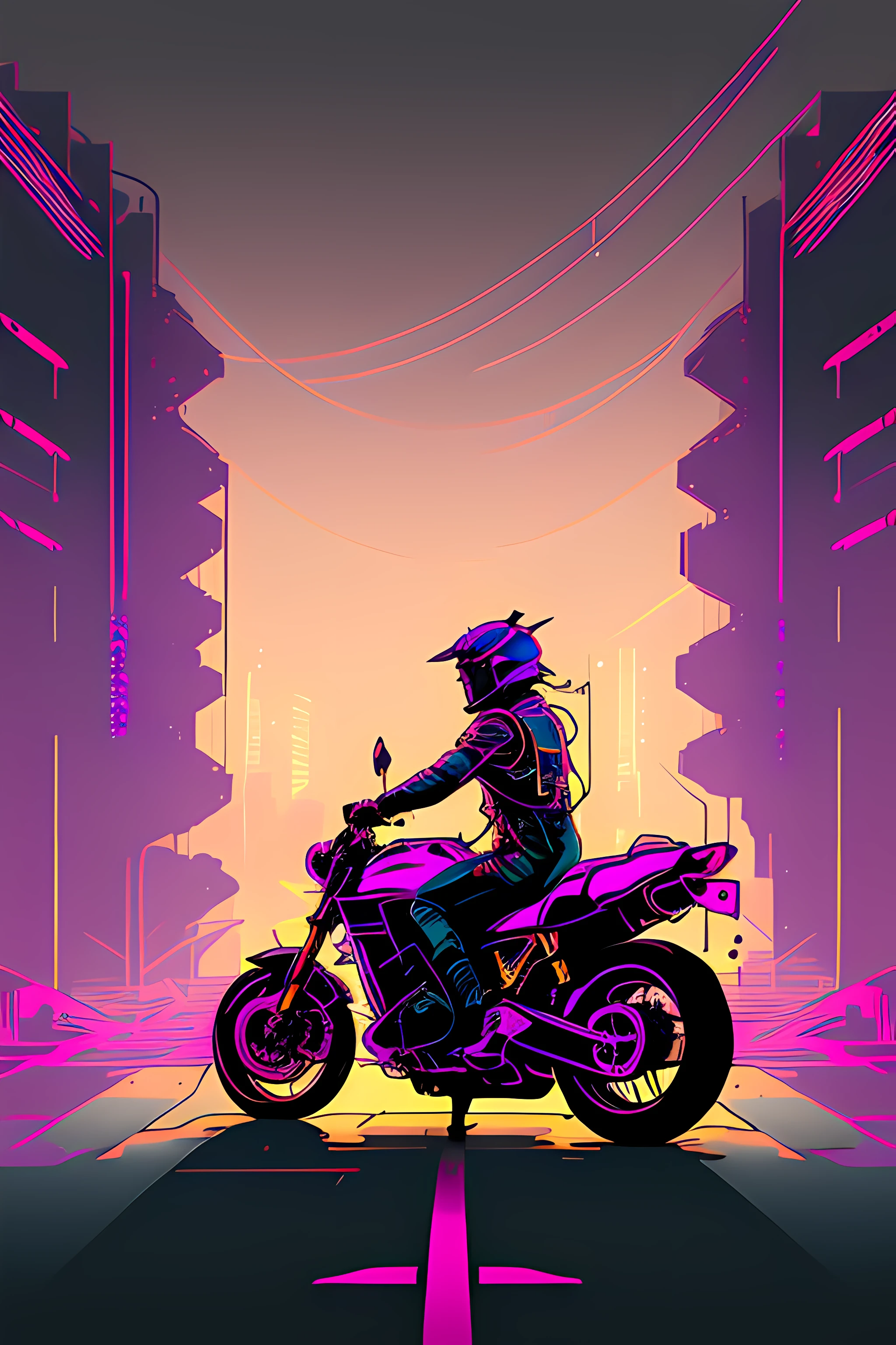 (nvinkpunk:1.2) snthwve style motorcyle, lightwave, sunset, intricate, highly detailed