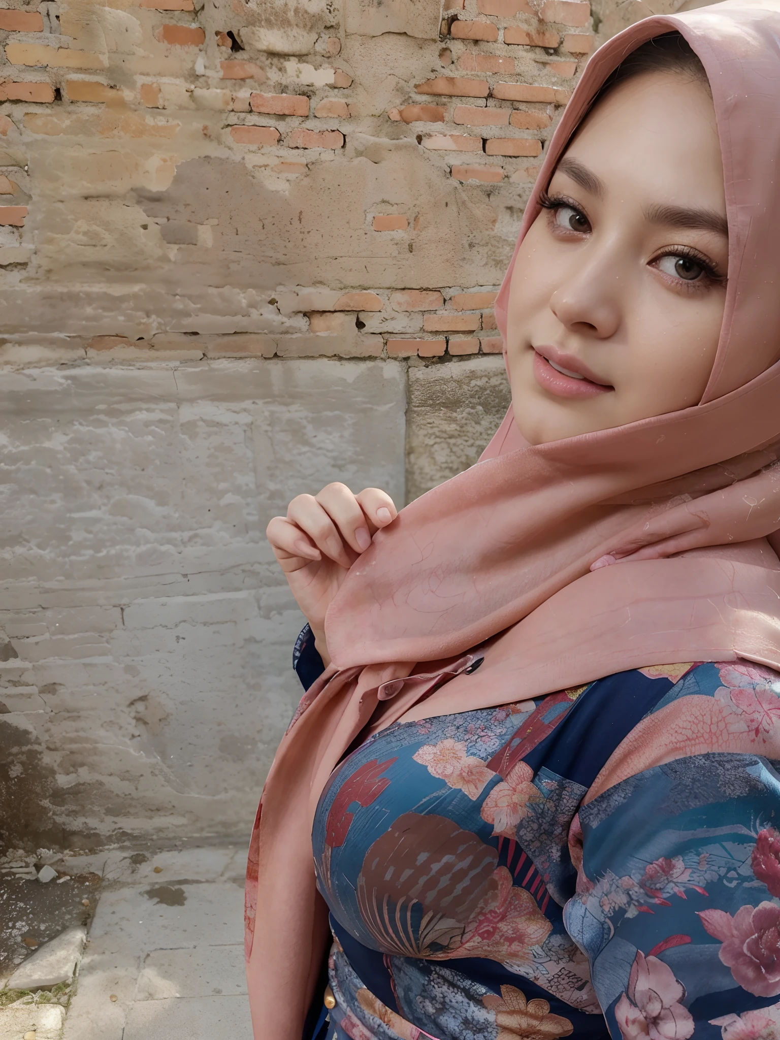 Chubby adorable, 1 girl, (face to face), 10 years old, baby face, happy, half body portrait, (face details: 1), (eye details: 1), ((big breasts)). wearing transparent transparency softpink long shirt, hijab, .. Cute posed. proportional body. Ultra High Res. realistic: 1.4, UHD, (floral pattern), view from side seductive pose