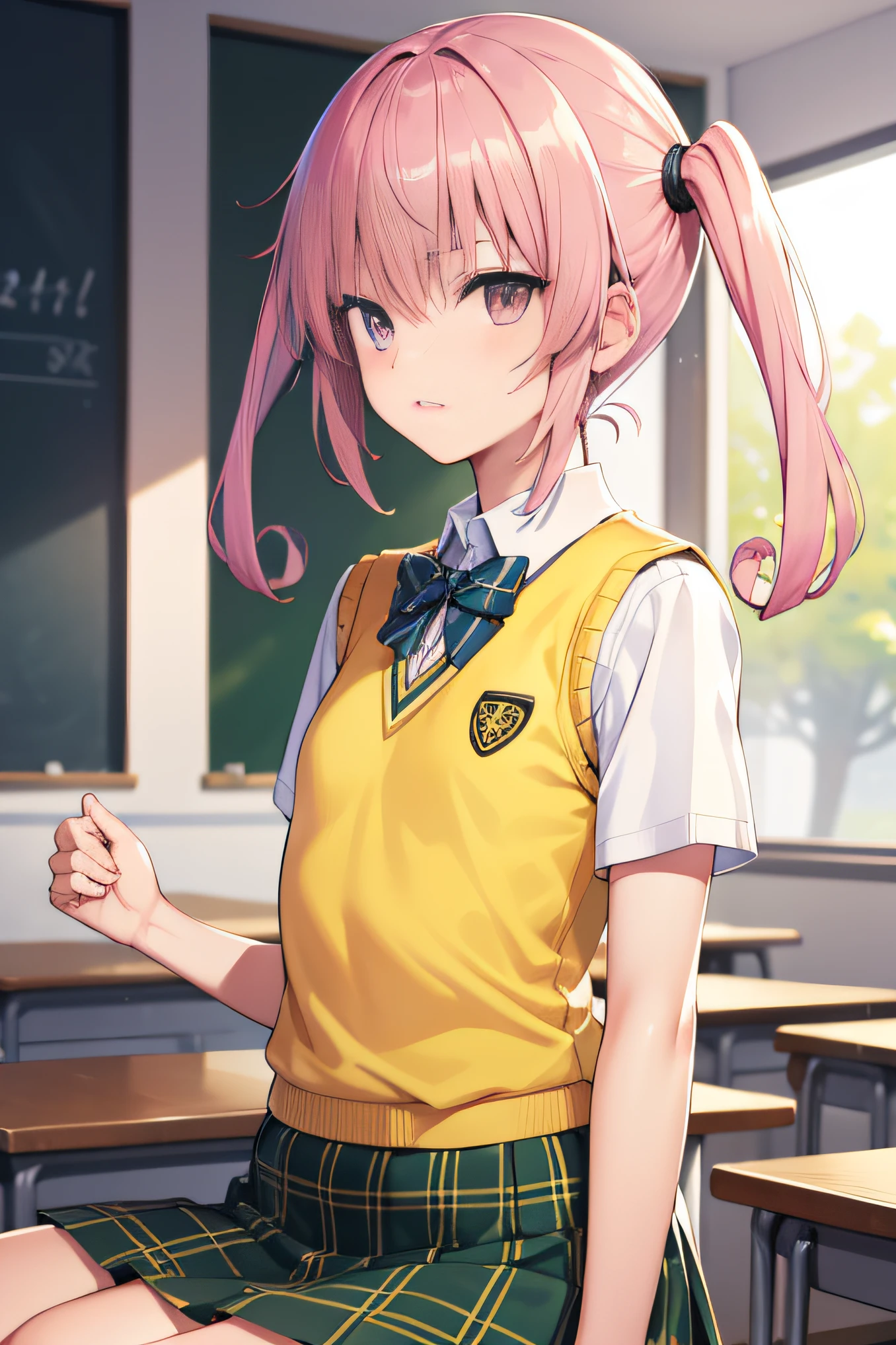 nanadeviluke, nana asta deviluke, fang, long hair, (pink eyes:1.5), pink hair, tail, twintails, (flat chest:1.2),
BREAK green skirt, plaid, plaid skirt, sainan high school uniform, school uniform, skirt, shirt, white shirt, sweater vest, (yellow sweater vest:1.5), short sleeves,
BREAK looking at viewer,
BREAK indoors, classroom,
BREAK (masterpiece:1.2), best quality, high resolution, unity 8k wallpaper, (illustration:0.8), (beautiful detailed eyes:1.6), extremely detailed face, perfect lighting, extremely detailed CG, (perfect hands, perfect anatomy),