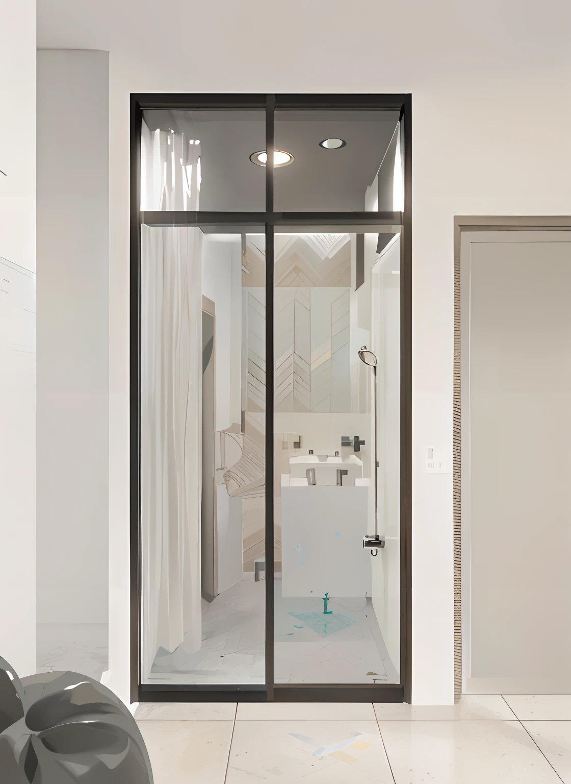 there is a large glass door in the bathroom with a shower, nesting glass doors, amazingly composed image, clear glass wall, filled with natural light, true realistic image, detailed wide shot, detailed archviz render, with backdrop of natural light, 3/4 view, 3 / 4 view, breathtaking detail, highly rendered!!, exquisite detail, bottom angle, by Fletcher Martin