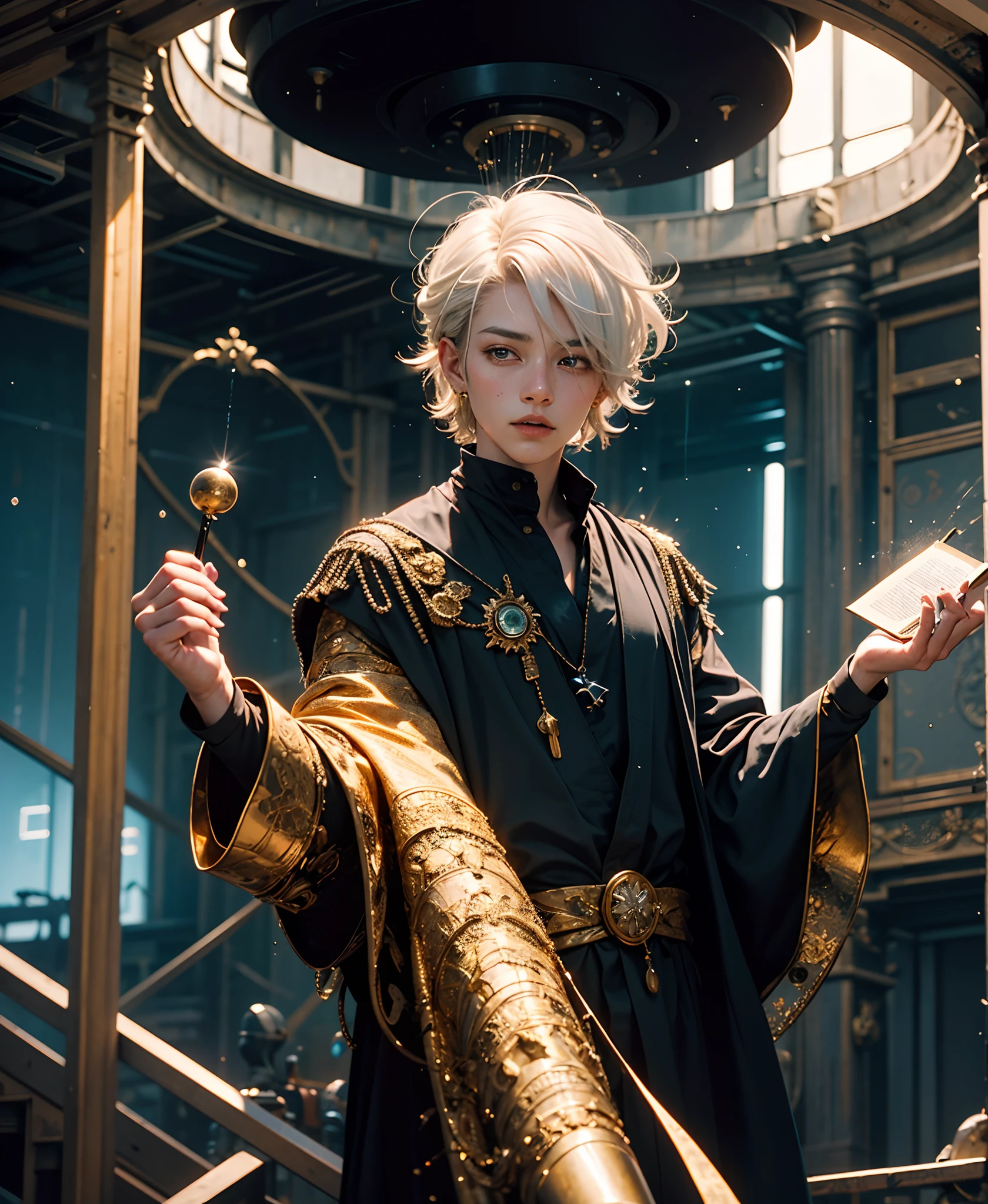 A teenager in a black robe，The hair is silvery-white，Feel free to drape，It's like mercury pouring down，The eyes are beautiful dark red。What he wears，An elegant dress similar to black，The gold ornamentation on it shows the indescribable dignity，Like a sage who pursues knowledge and truth。