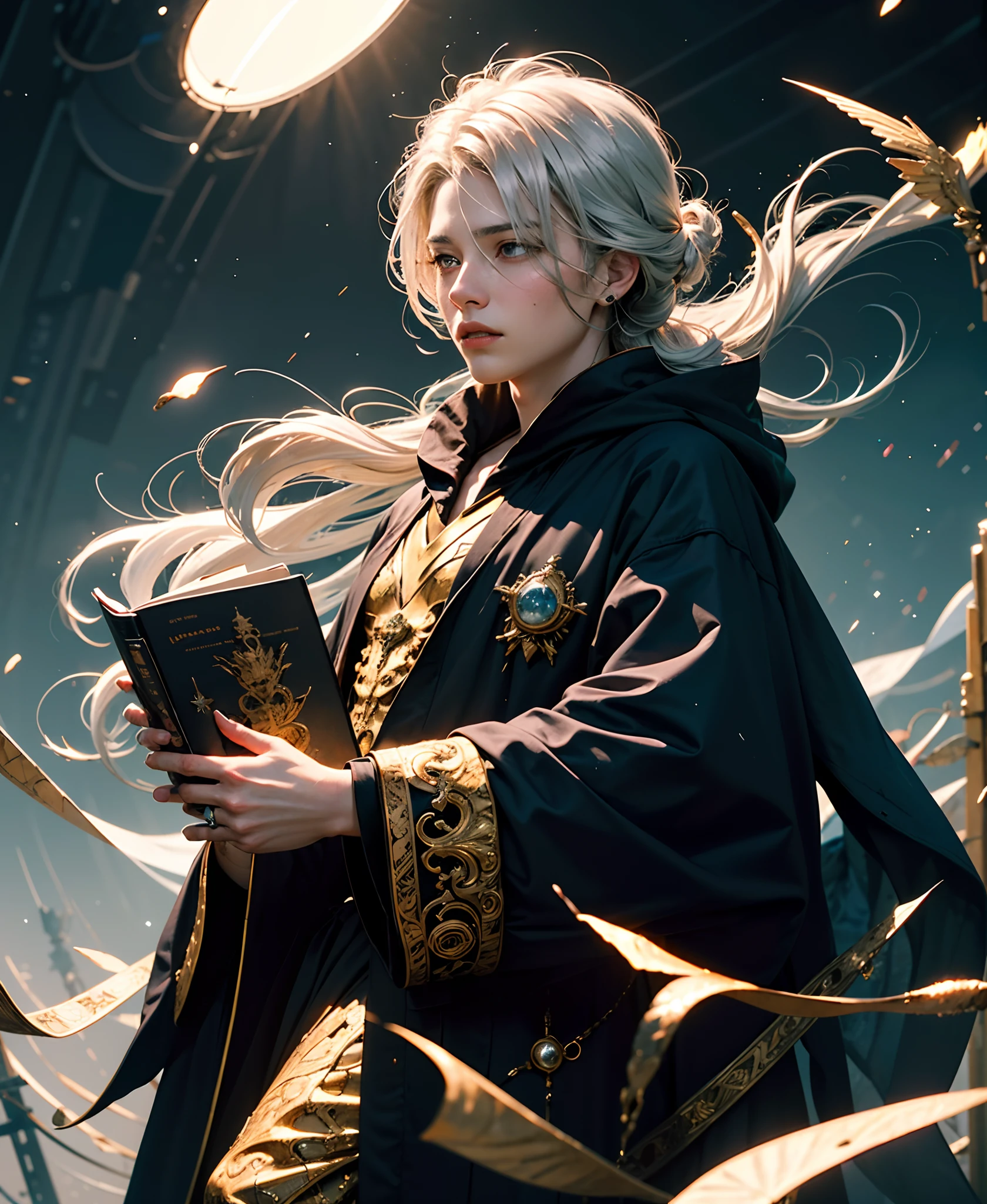 A teenager in a black robe，The hair is silvery-white，Feel free to drape，It's like mercury pouring down，The eyes are beautiful dark red。What he wears，An elegant dress similar to black，The gold ornamentation on it shows the indescribable dignity，Like a sage who pursues knowledge and truth。