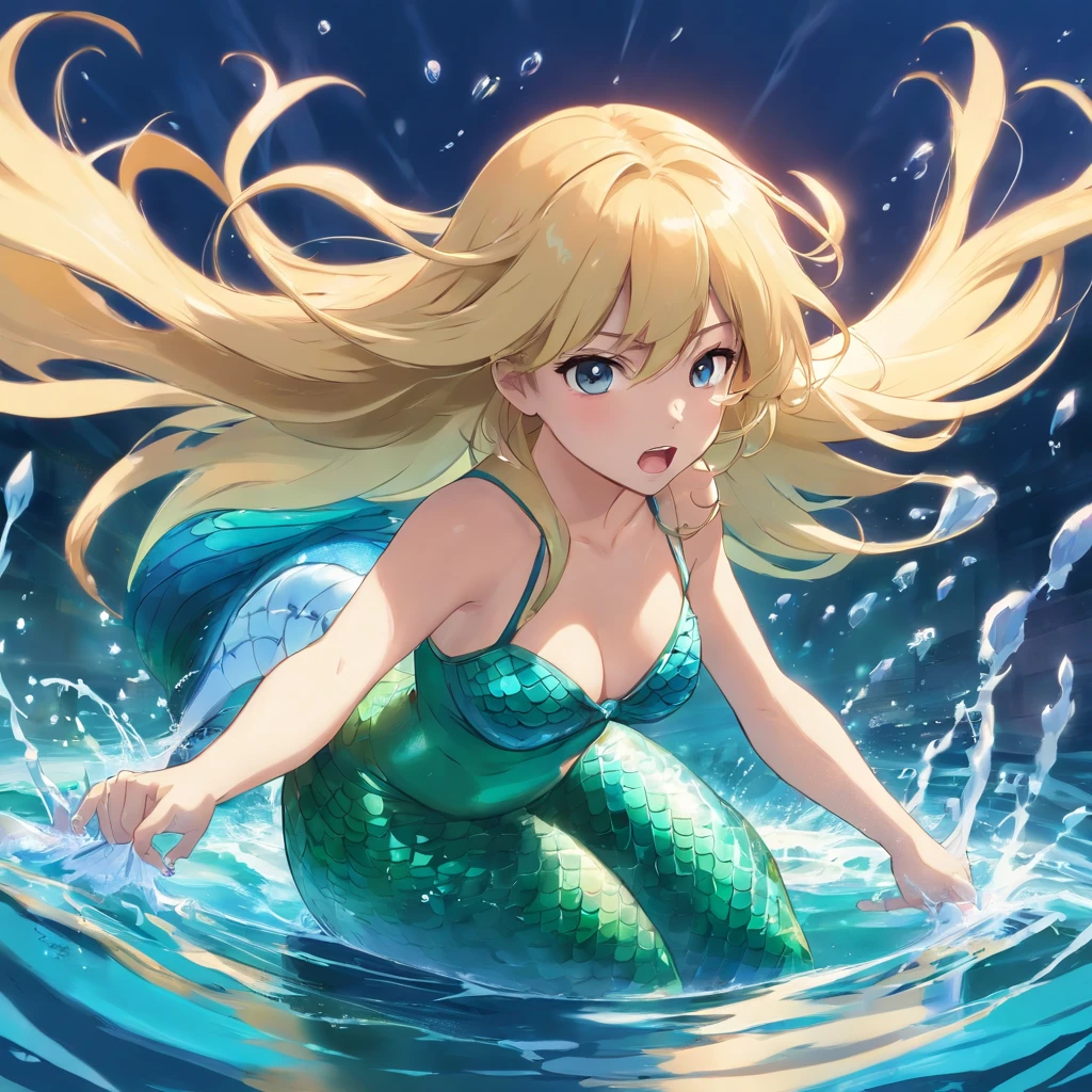 Mermaid Girl Anime, mermaids, angry girl, Blonde girl, mermaids, The power of water, With flowing blonde hair, Flat anime style shading, anime woman, Anime-style characters, flat anime style, Powerful poses, blonde  hair, Mermaid suit, Powerful poses, minakata, Powerful anime girl, under the water