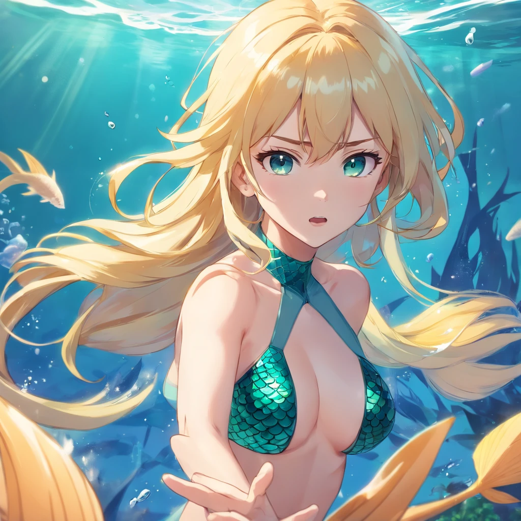 Mermaid Girl Anime, mermaids, angry girl, Blonde girl, mermaids, The power of water, With flowing blonde hair, Flat anime style shading, anime woman, Anime-style characters, flat anime style, Powerful poses, blonde hair, Mermaid suit, Powerful poses, minakata, Powerful anime girl, under the water