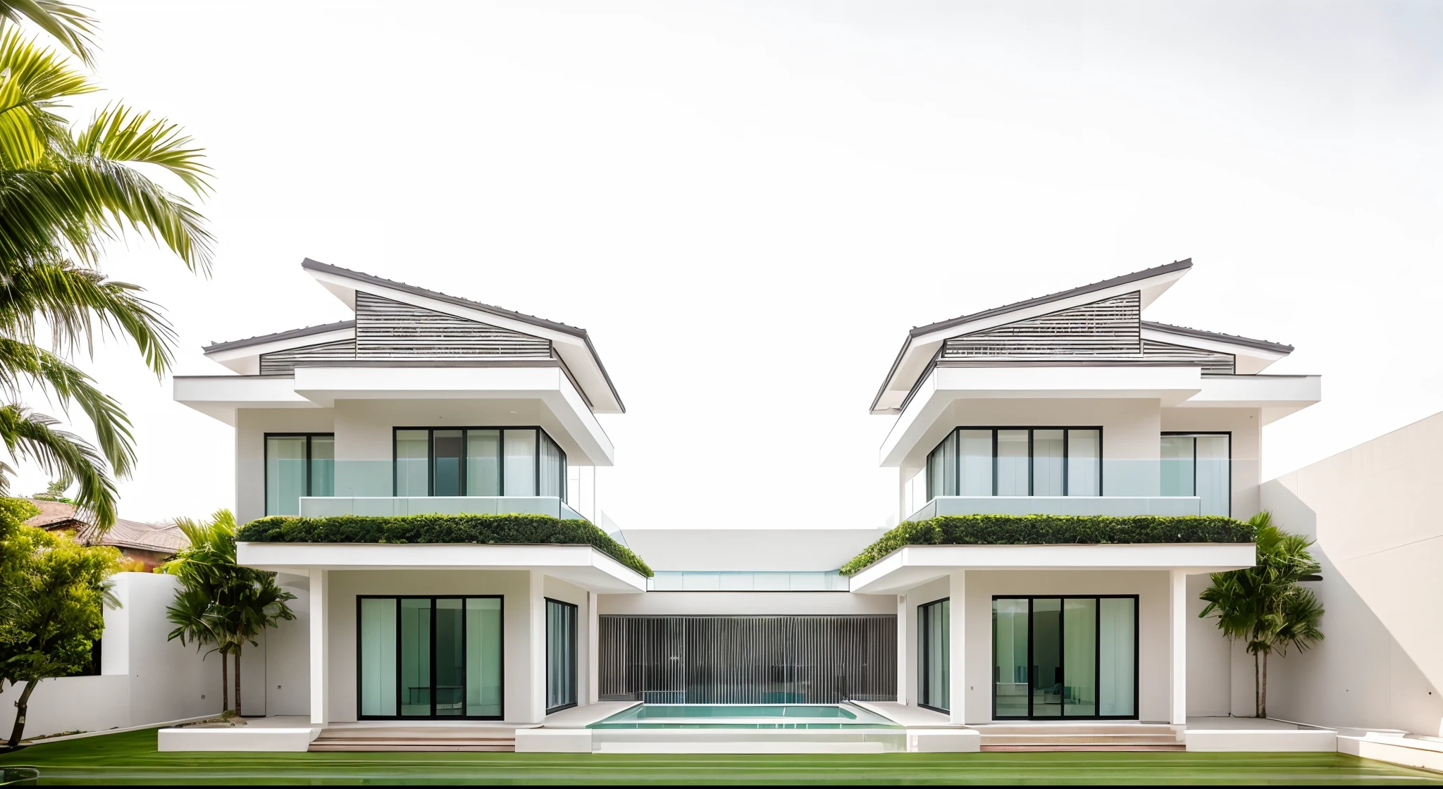 2 building same, beautiful landscape, swimming pool betwent, glass door, glass railing, stair, glass window, Modern architecture style, beautiful grass, trees, landscape, daylight,(white wall), whithout curtain, tree background, road background, villa style