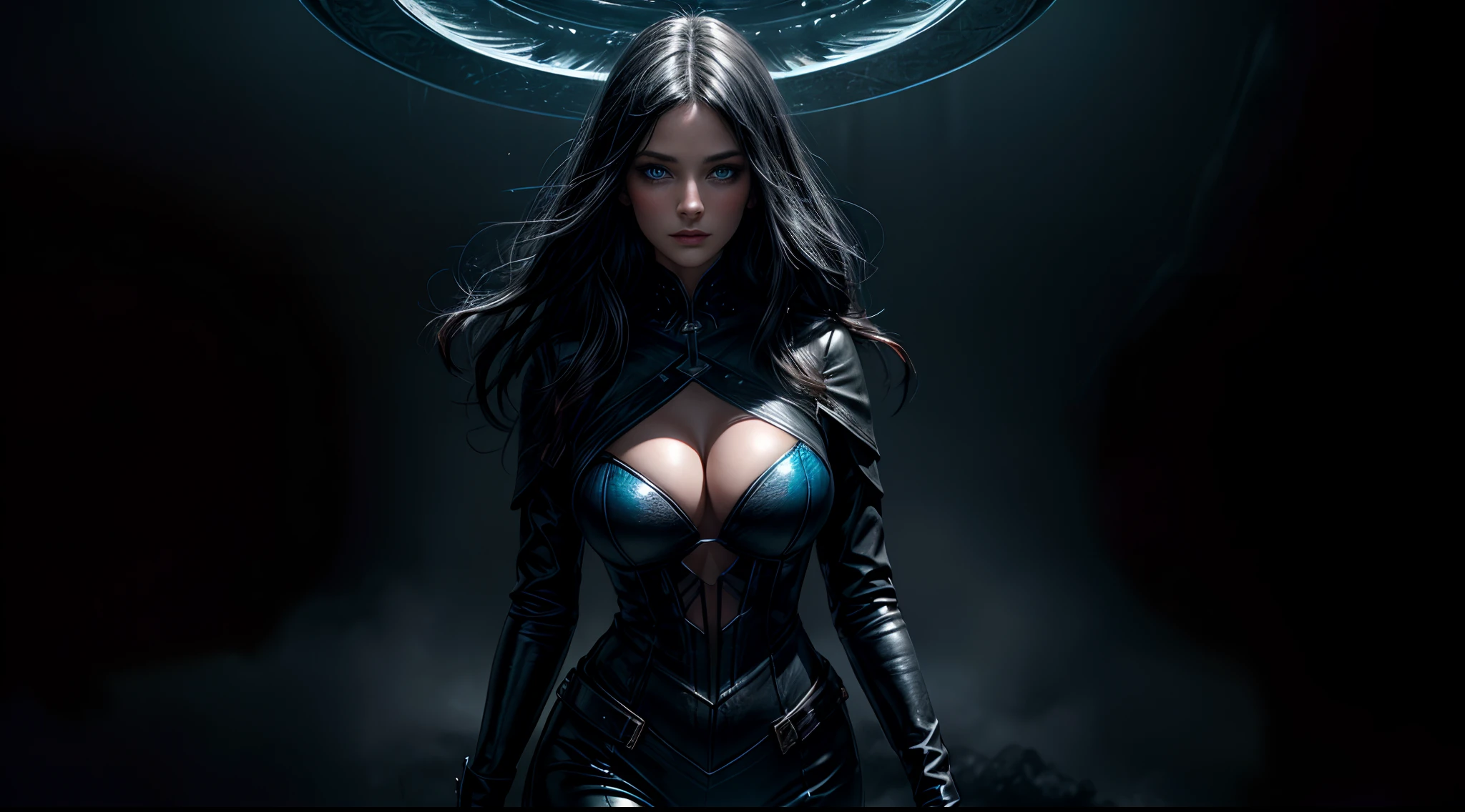 (photorealism, best quality, high details, high-resolution:1.2, masterpiece, 4K), (dark fantasy illustration:1.3), portrait of beautiful woman, ((surrounded by black fog coming form all directions)), woman, messy black hair, black leather clothes, tight leather clothes, leather straps, beautiful face, hourglass body, blue eyes, ((blue glowing eyes)), elegant, intricate , hourglass figure, (finely detailed beautiful eyes: 1.2), ((huge breasts)), perfect body, looking at viewer, enchanting gaze, 1gril, full body portrait, cinematic lighting, darkness, dark scene, ((dim light)), mute lighting, super detailed, ultrarealistic, digital photography
