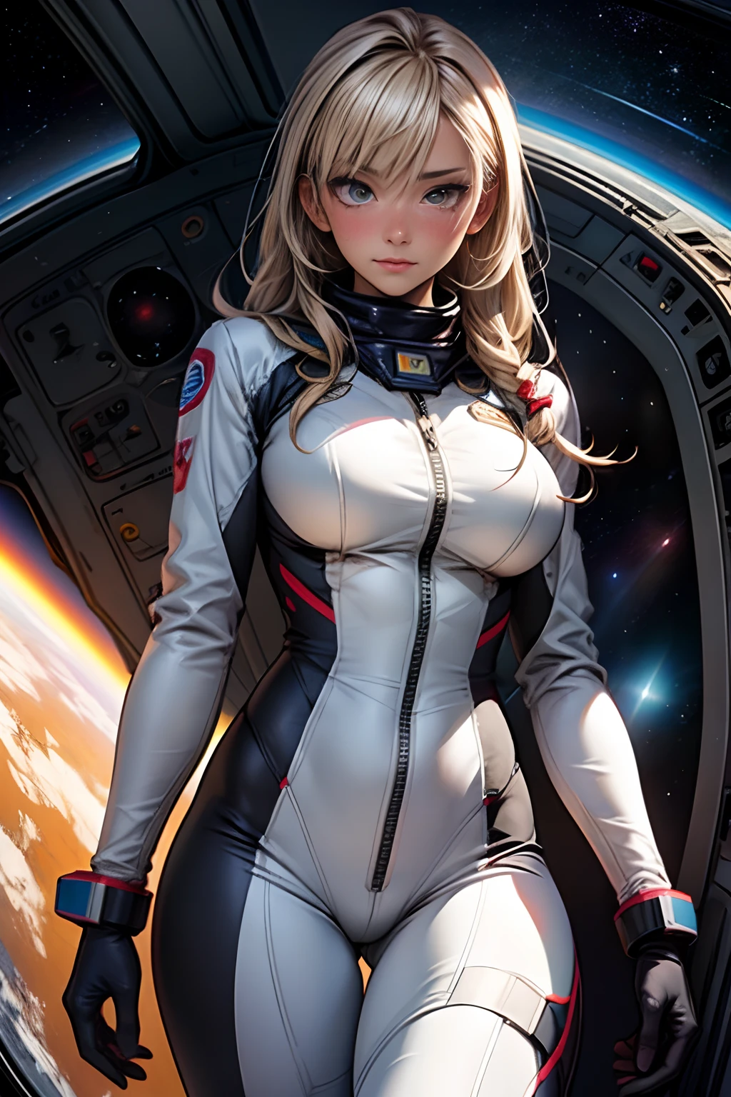 rear view, backside view, turning away, sandy hair, eyes are blue, fit body large breasts slender thighs slender waist pilot suit solo looking away from viewer, in space, long hair, blushing, determination, 8k, extreme detail,