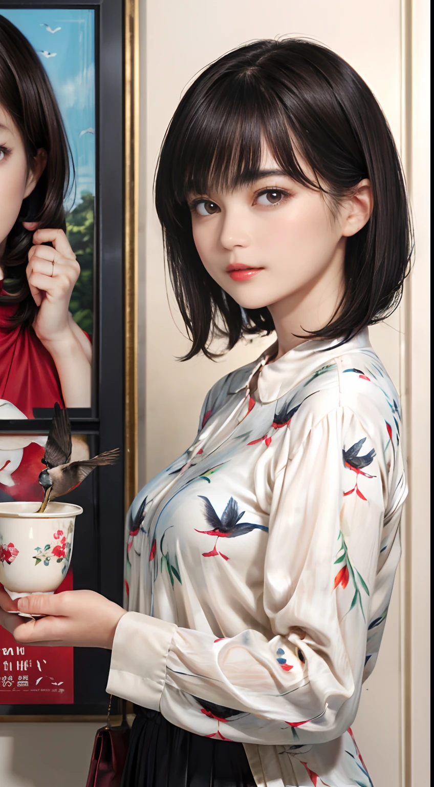 63
(a 20 yo woman,is standing), (A hyper-realistic), (Masterpiece), ((A dark-haired、short-hair:1.3)), (Silky hair), (breast), (Gentle expression), red lipsticks, (Clothes printed with pictures of birds)