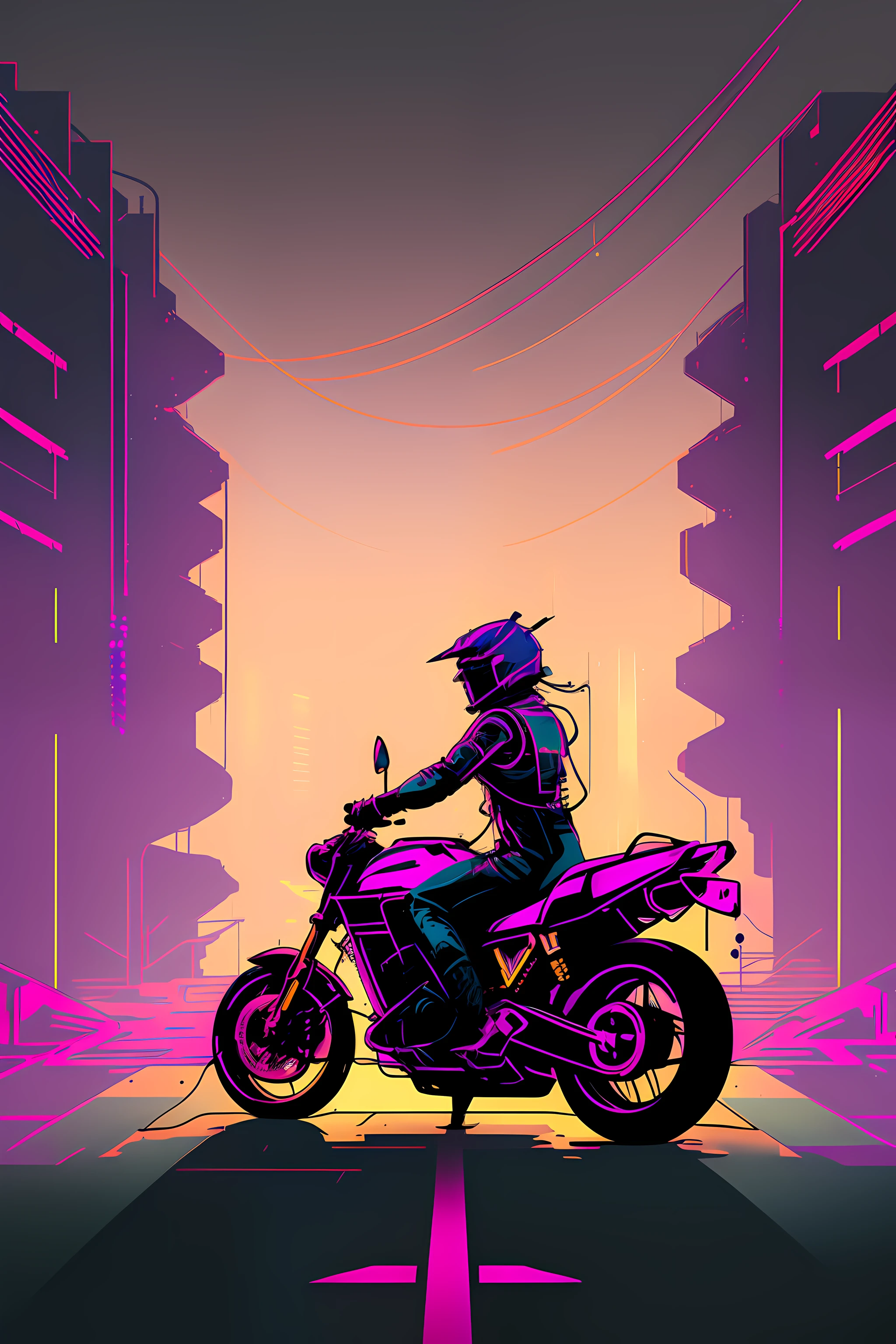 (nvinkpunk:1.2) snthwve style motorcyle, lightwave, sunset, intricate, highly detailed