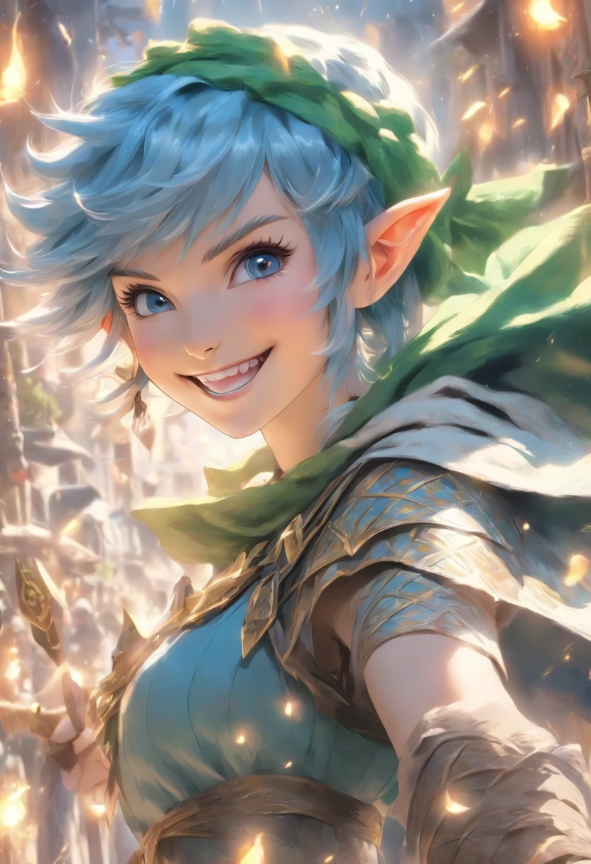 A -yeld fee,Short blue hair and silver eyes, It's a female singer, Wearing elf costumes, With a happy smile, Set in a medieval fantasy adventure, In the style of Japanese anime
