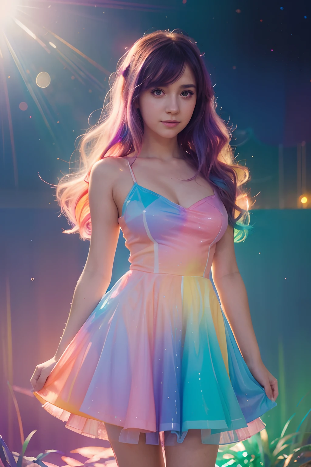 beautiful anime girl in colorful liquid dress, vibrant pastel colors, (colorful), magical lights, sparkling lines of light, inspired by Glen Keane, inspired by Lois van Baarle, disney art style, by Lois van Baarle, glowing aura around her, by Glen Keane, j...