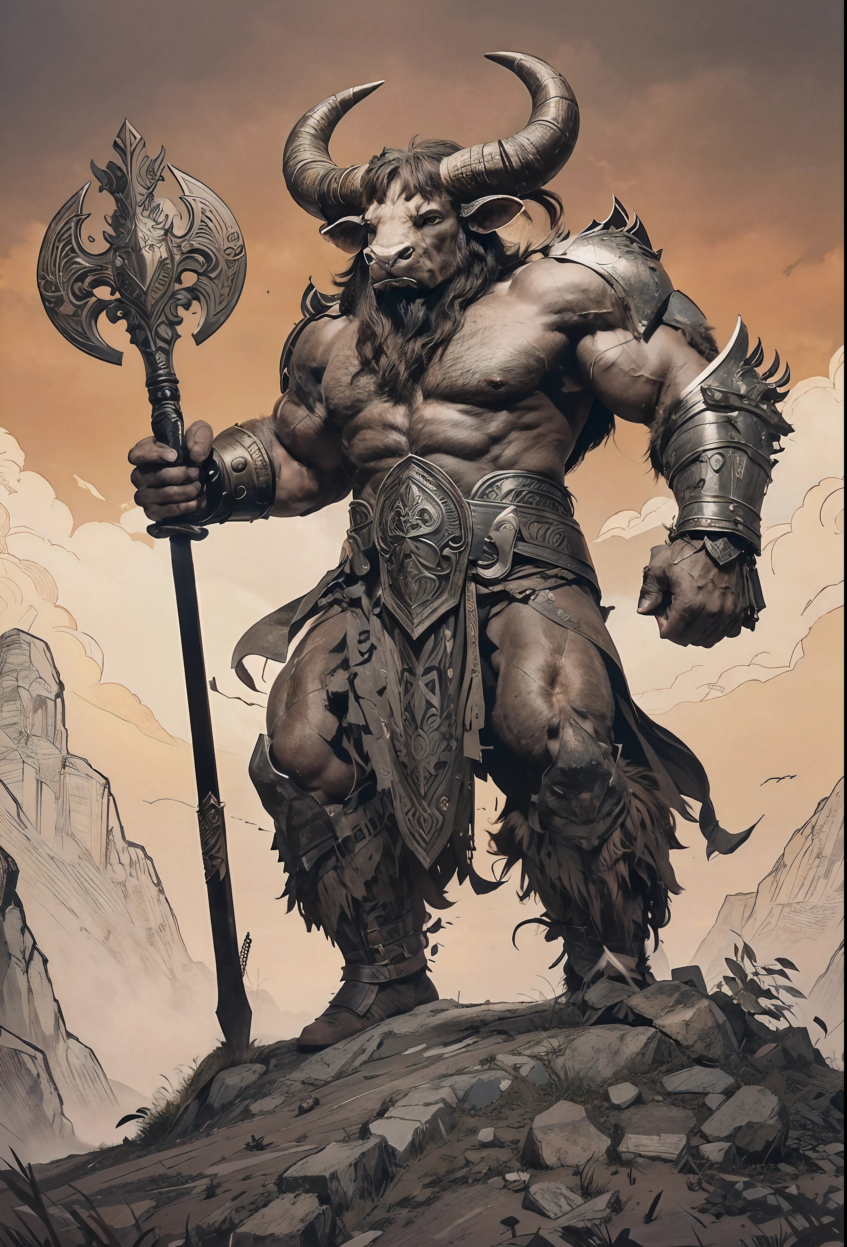 Anime-style Minotaur: A majestic Minotaur, with an imposing bull's head adorned with spiraling horns and deep, expressive eyes. athletic, no impressive armor with intricate details. The bull's skin is dark brown and covered with a fine, short coat. He is on his feet, ready for battle, a great sword in one hand and a determined expression on his face. The background is an epic backdrop with dramatic clouds and sunbeams streaking across the sky.