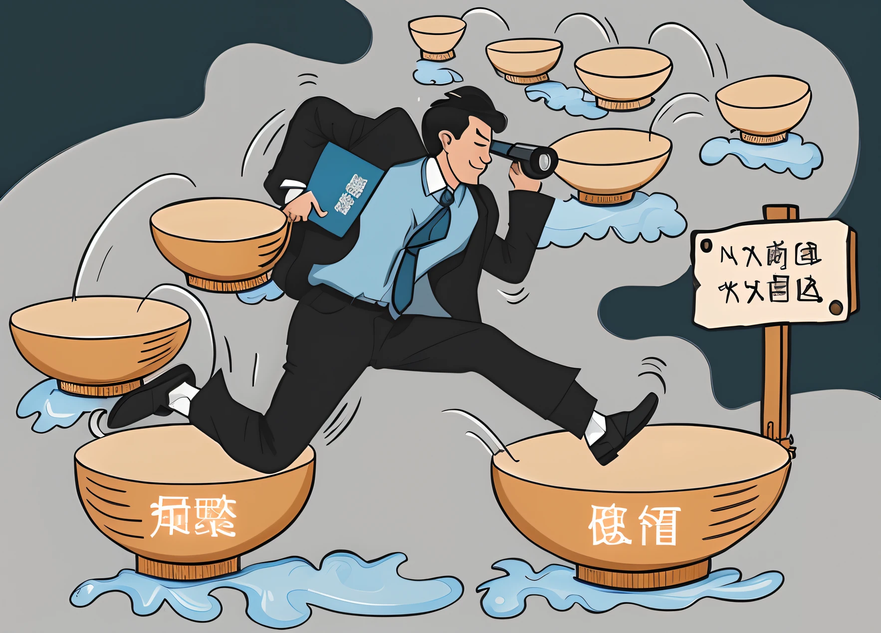Caricature of a man in a suit and tie running in a bowl, illustration], A illustration, editorialillustrations, Official illustration, Chiba Yuda, (((luke chueh))), author：Yan Hui, Lu Ji, portfolio illustration, 2. 5 d illus, parody work, inspired by Li Tiefu, Taoist
