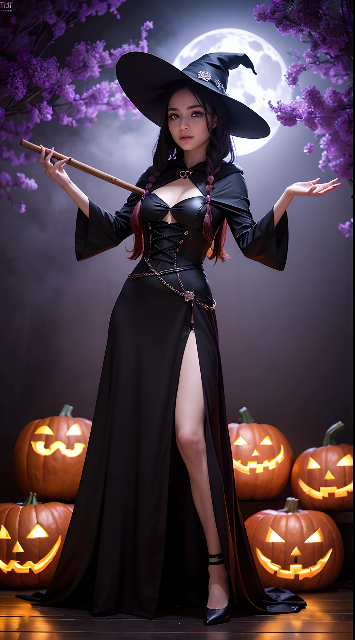 wonderful halloween cosplay of a young woman as a witch,pumpkin theme,cosplay convention,convention hall,nicely decorated stage,professional lighting,beautiful detailed eyes,beautiful detailed lips,flowing black hair,stunning makeup,pointed witch hat with orange and black stripes,elegant long black dress,floor-length black cloak with a hood,witch broom in hand,standing confidently on the stage,atmospheric fog surrounding her,carved pumpkins with spooky faces placed around the stage,crowd of excited cosplayers and spectators,elaborate pumpkin decorations,cosplayers in various Halloween costumes,magical aura emanating from the witch,glowing orange and purple lights,hauntingly enchanting atmosphere,bubbling cauldron in the background,enchanted forest backdrop with misty moonlight,casting spells with her hands,transforming into a bat with bat wings,levitating objects with her magic,breathtaking display of her magical powers,utterly bewitching and captivating scene,(best quality,4k,8k,highres,masterpiece:1.2),ultra-detailed,(realistic,photorealistic,photo-realistic:1.37),HDR,UHD,studio lighting,ultra-fine painting,sharp focus,physically-based rendering,vivid colors,bokeh,horror,cosplay,witch,women.