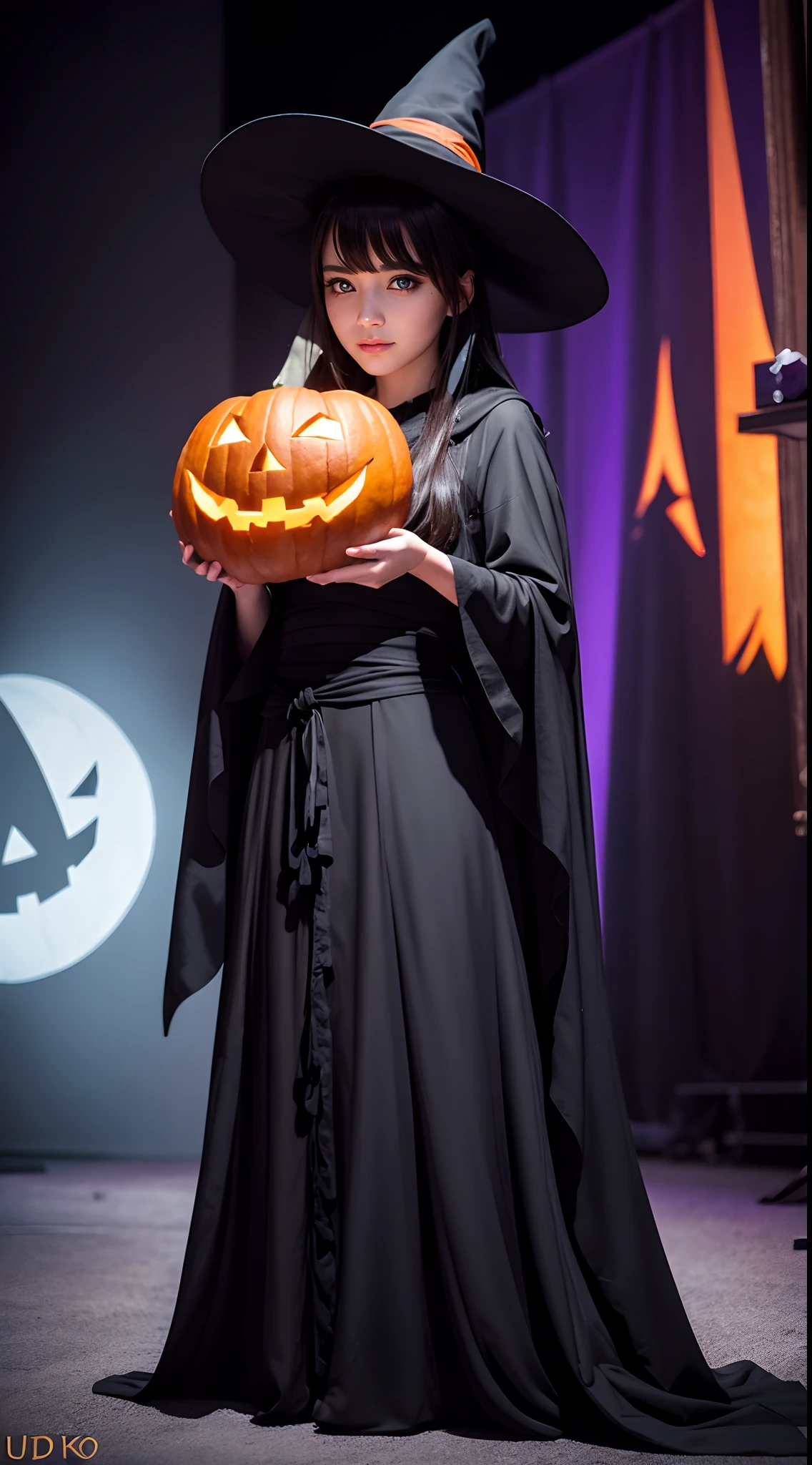 wonderful halloween cosplay of a young woman as a witch,pumpkin theme,cosplay convention,convention hall,nicely decorated stage,professional lighting,beautiful detailed eyes,beautiful detailed lips,flowing black hair,stunning makeup,pointed witch hat with orange and black stripes,elegant long black dress,floor-length black cloak with a hood,witch broom in hand,standing confidently on the stage,atmospheric fog surrounding her,carved pumpkins with spooky faces placed around the stage,crowd of excited cosplayers and spectators,elaborate pumpkin decorations,cosplayers in various Halloween costumes,magical aura emanating from the witch,glowing orange and purple lights,hauntingly enchanting atmosphere,bubbling cauldron in the background,enchanted forest backdrop with misty moonlight,casting spells with her hands,transforming into a bat with bat wings,levitating objects with her magic,breathtaking display of her magical powers,utterly bewitching and captivating scene,(best quality,4k,8k,highres,masterpiece:1.2),ultra-detailed,(realistic,photorealistic,photo-realistic:1.37),HDR,UHD,studio lighting,ultra-fine painting,sharp focus,physically-based rendering,vivid colors,bokeh,horror,cosplay,witch,women.