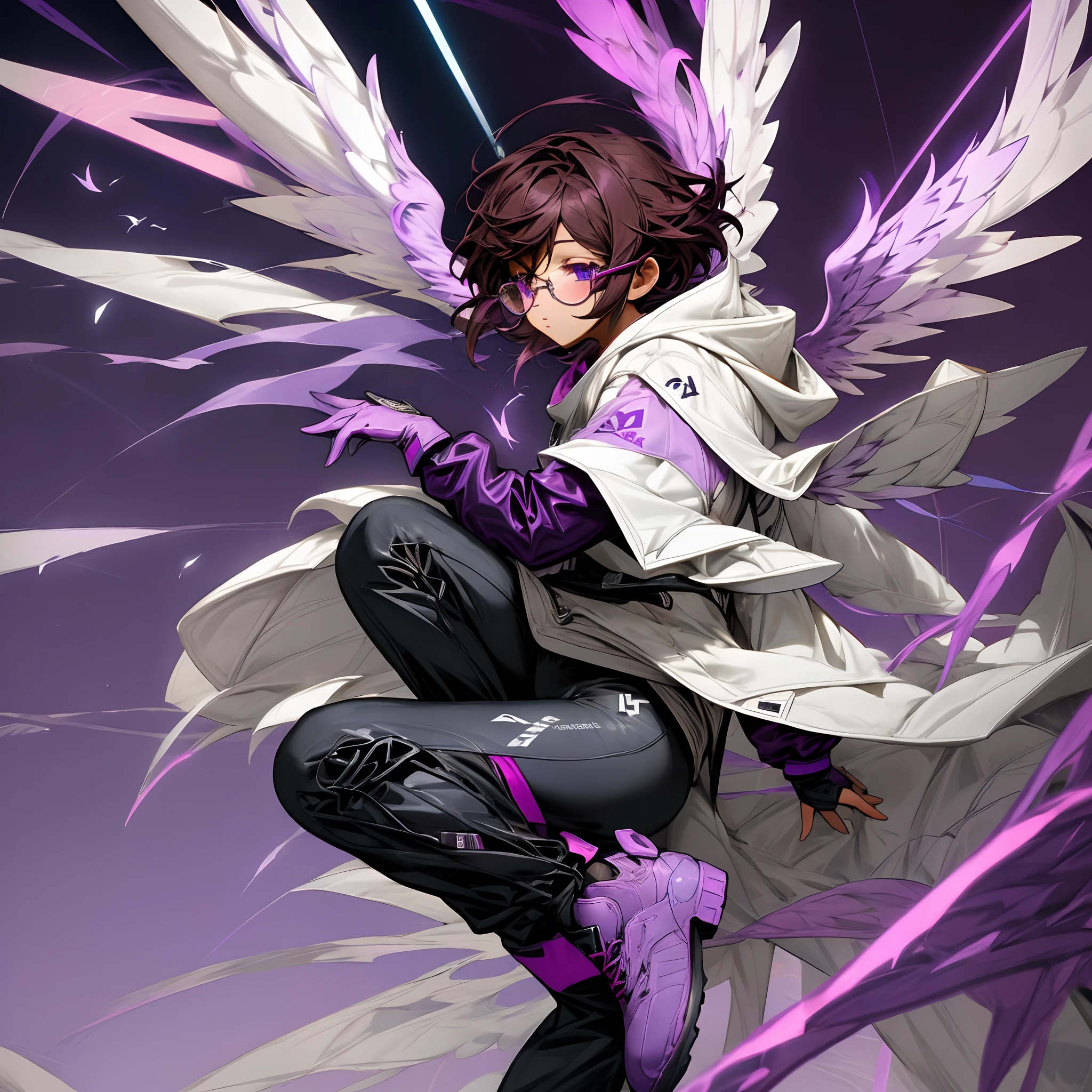 Dark Brown Short Hair with Purple Colour Eyes and White Scarf with and Fake Wings and Light Purple Shoes And Glasses with black hoodie with white sleeves block coloured and Long Dark blue Pants