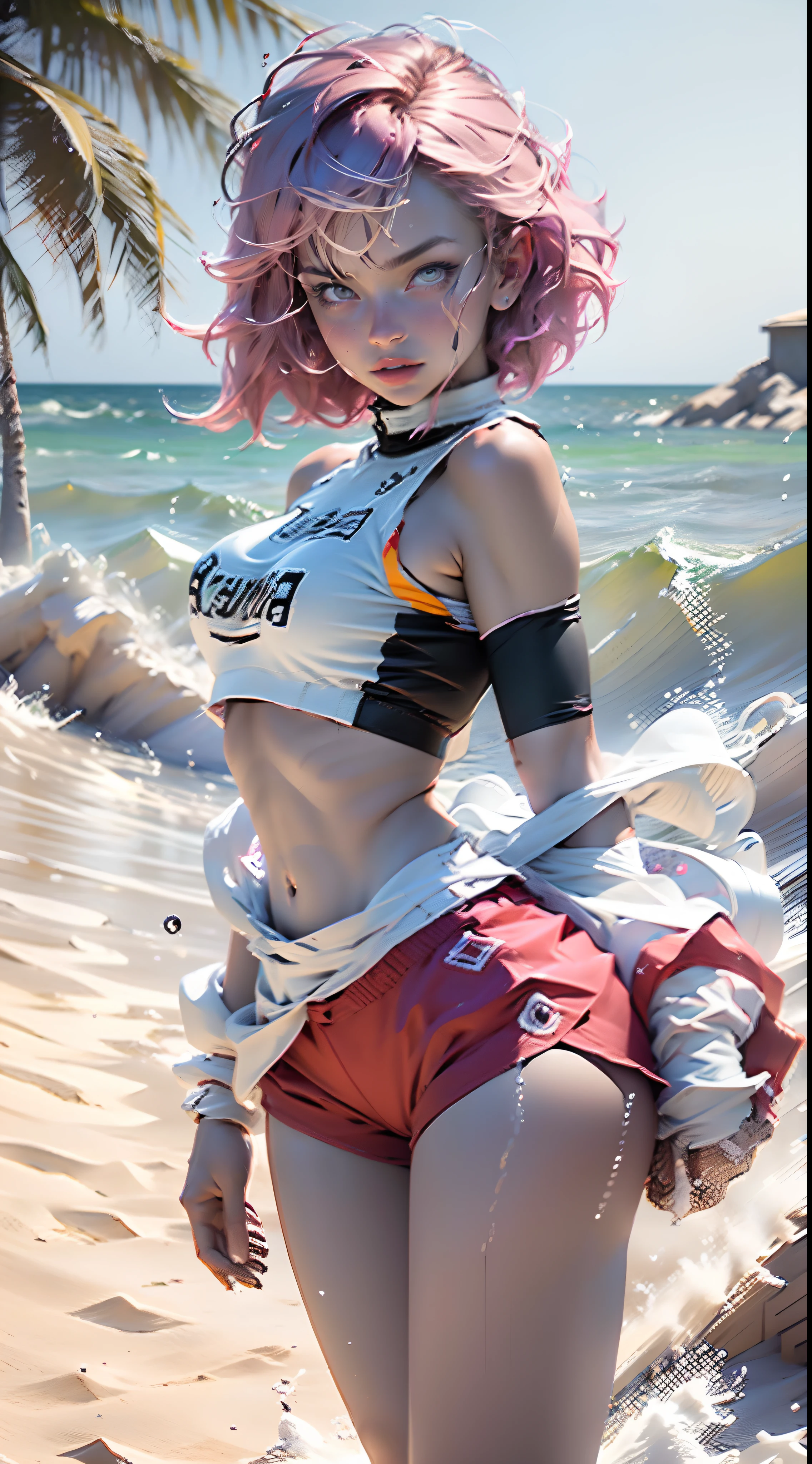 1fille, (corps entier), (action SHOT), (pose dynamique), (A lifeguard girl wearing a plain white shirt and red shorts), at the beach, Tour de sauvetage, (Coiffure mignonne Loose Bob), corps tonique, eyes symmetrical, (beautifully detailed face, beautiful detailed  eyes), dramatic lighting, (photo realism:1. 4), Realstic, mise au point nette, Disque dur, very complex, complexe, photographie, hyperrealism, Hyperrealistic, Lancer de rayons, physically -based rendering, ((8k, Photo brute, Masterpiece), high detail RAW color photo, (Highest quality), (Meilleure ombre), (Meilleure illustration), ultra highres, highly detailed CG unified 8K wallpapers), Rim Lighting, couleurs vives, Post-traitement, Dynamique, Color Grading,